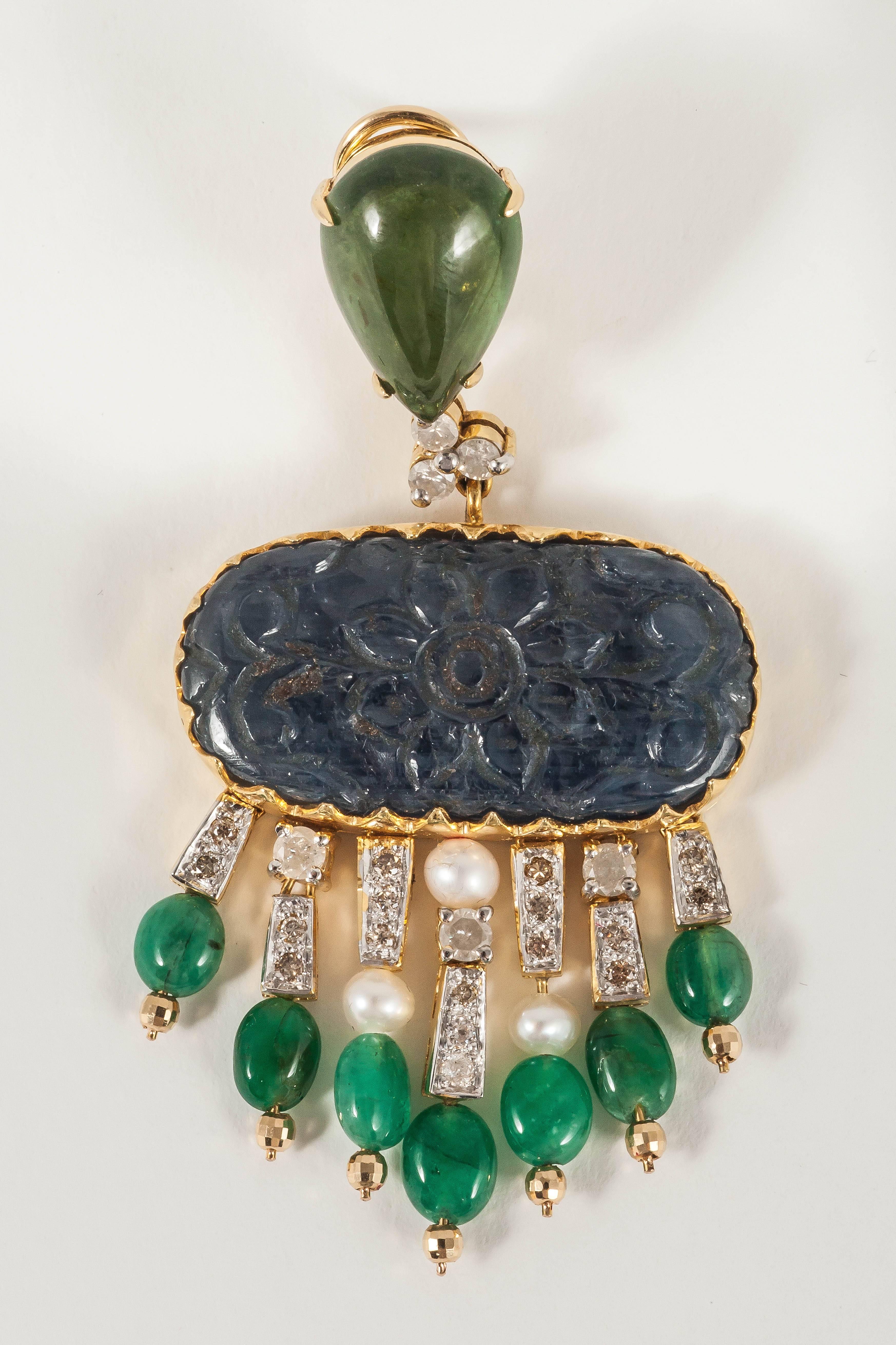 Carved blue Sapphire Emerald Diamond drop Earrings For Sale 1