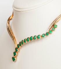 1980s Colombian Heart Shaped Emerald Diamond Gold Baguette Necklace