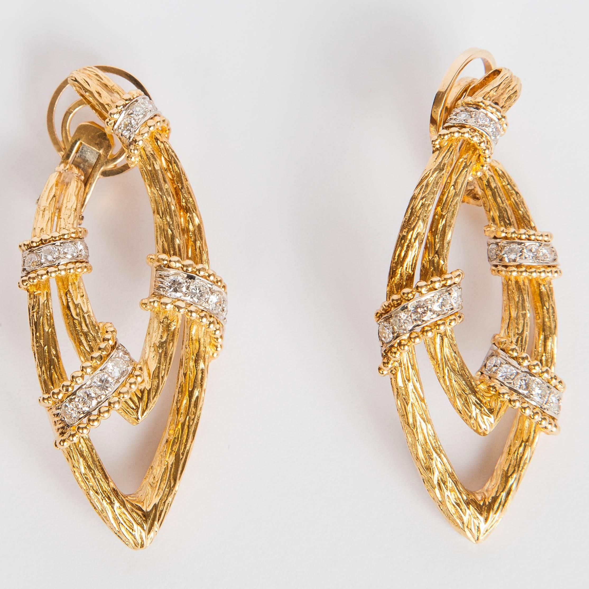 Women's 1970s Pair of Diamond Gold Bamboo Earrings For Sale
