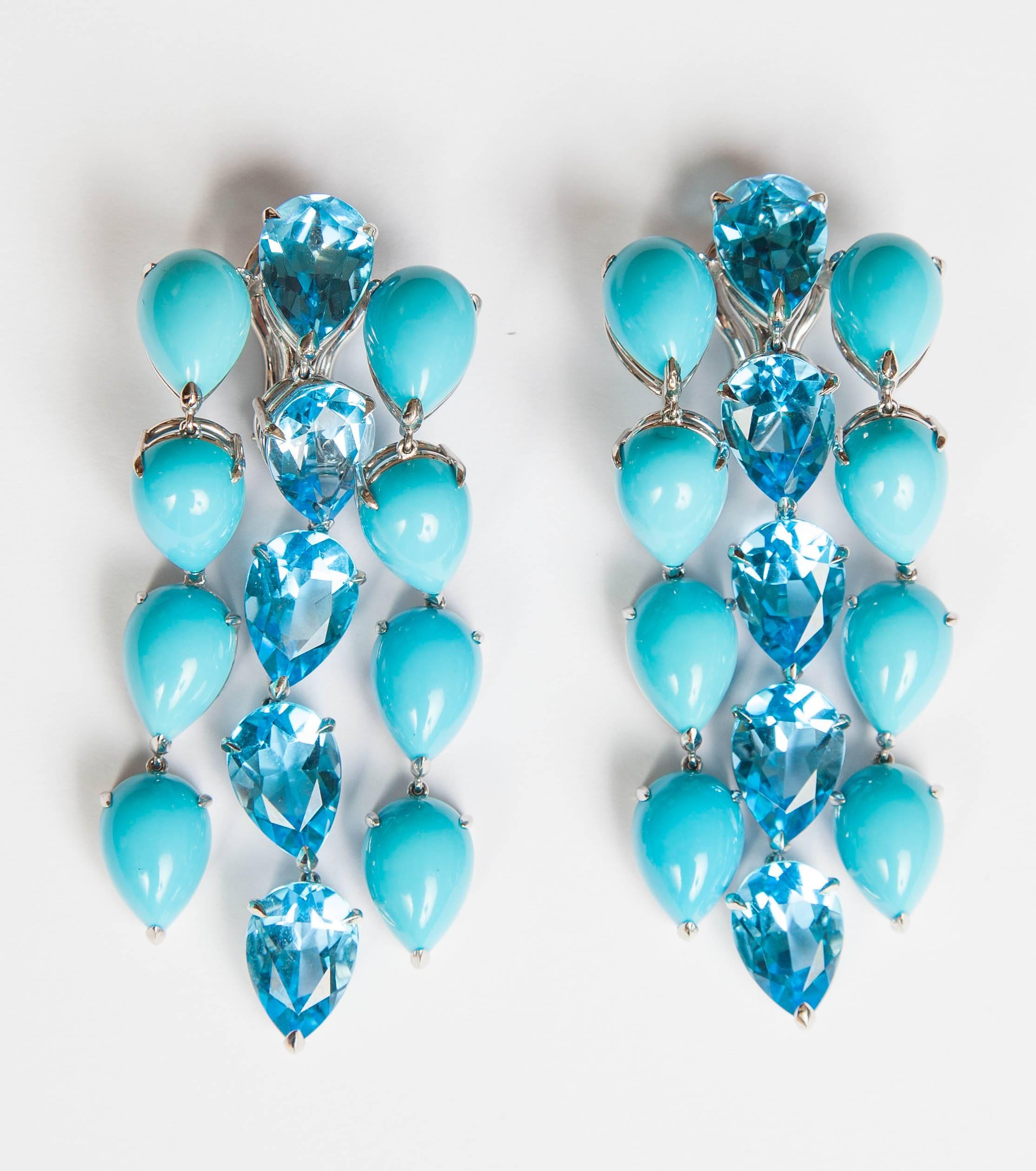 Georg Hornemann Turquoise and Blue Topaz Pair of Earrings, clip backs, 2.5