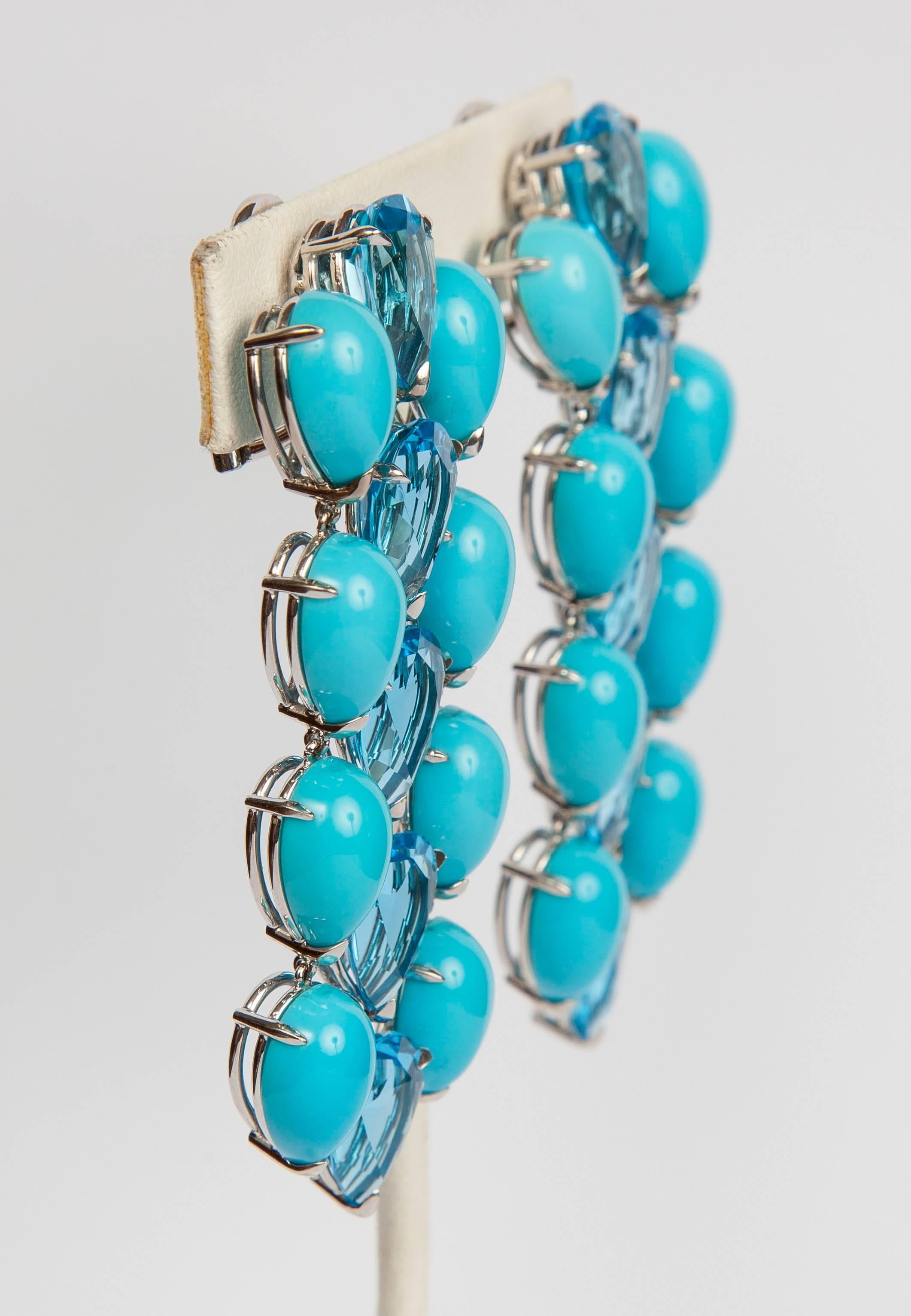 Georg Hornemann Turquoise Blue Topaz Gold Chandelier Earrings In New Condition For Sale In New York, NY