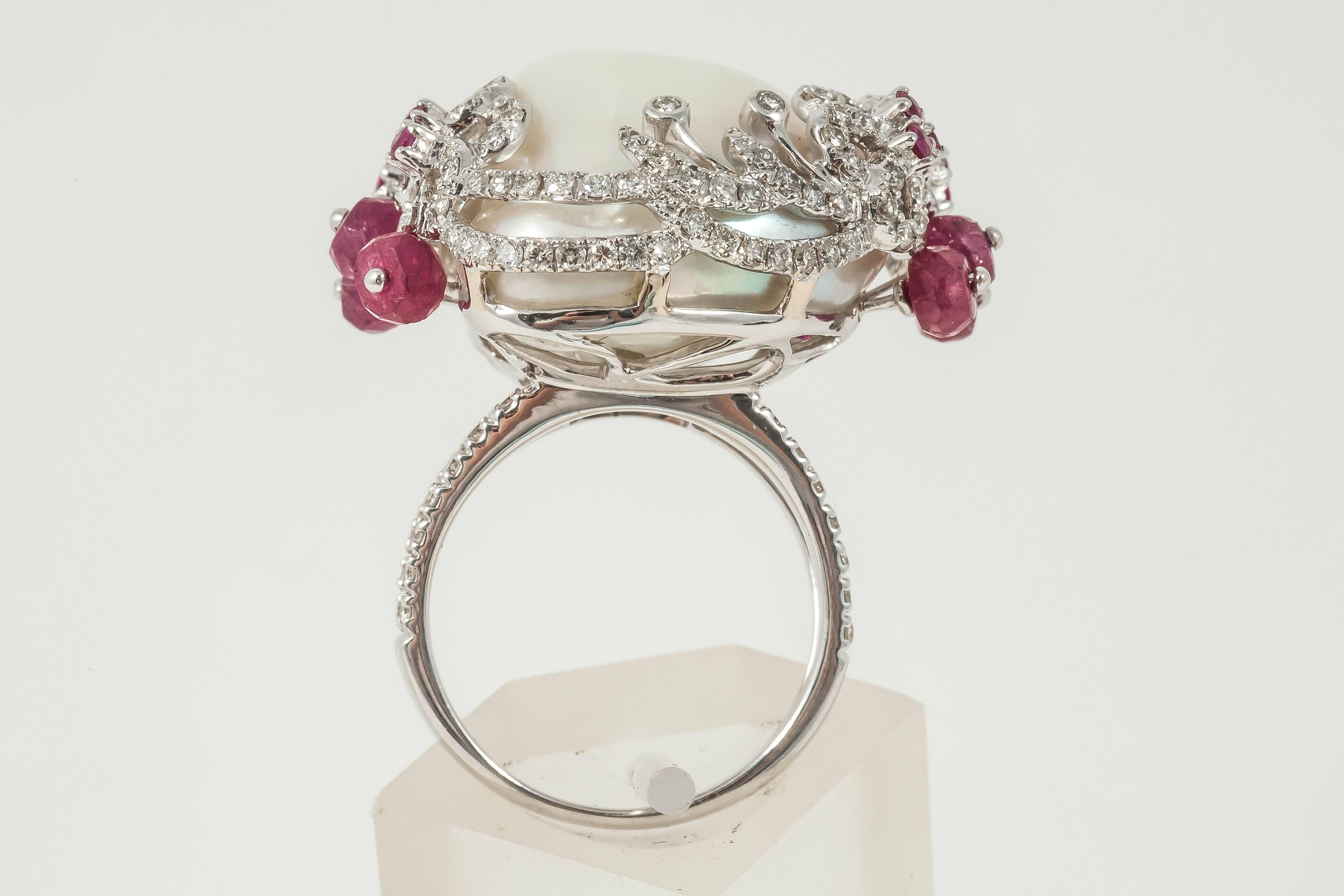 Women's Baroque Pearl Ruby diamond gold cocktail Ring  For Sale