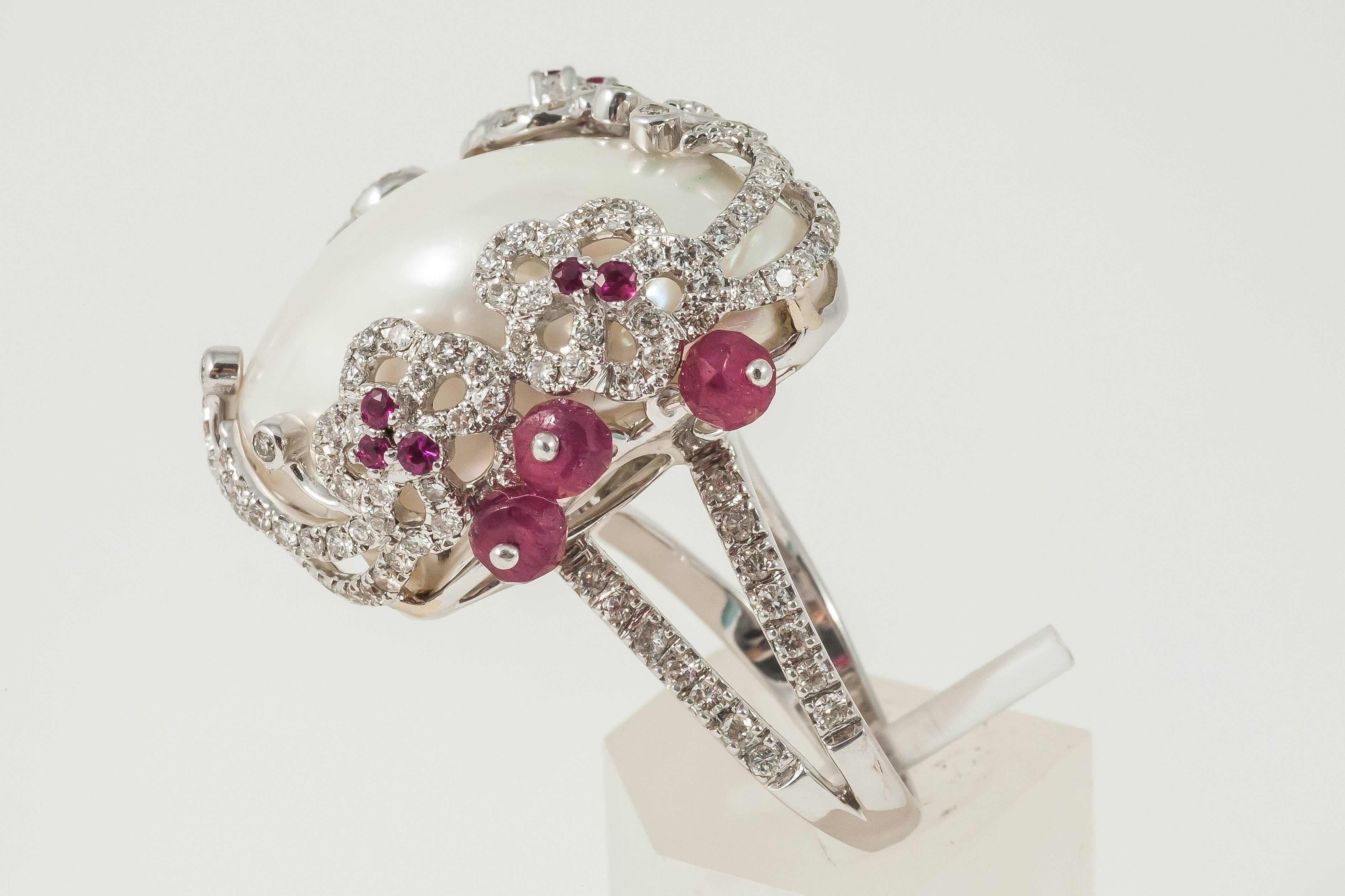 Baroque Pearl Ruby diamond gold cocktail Ring  For Sale 1