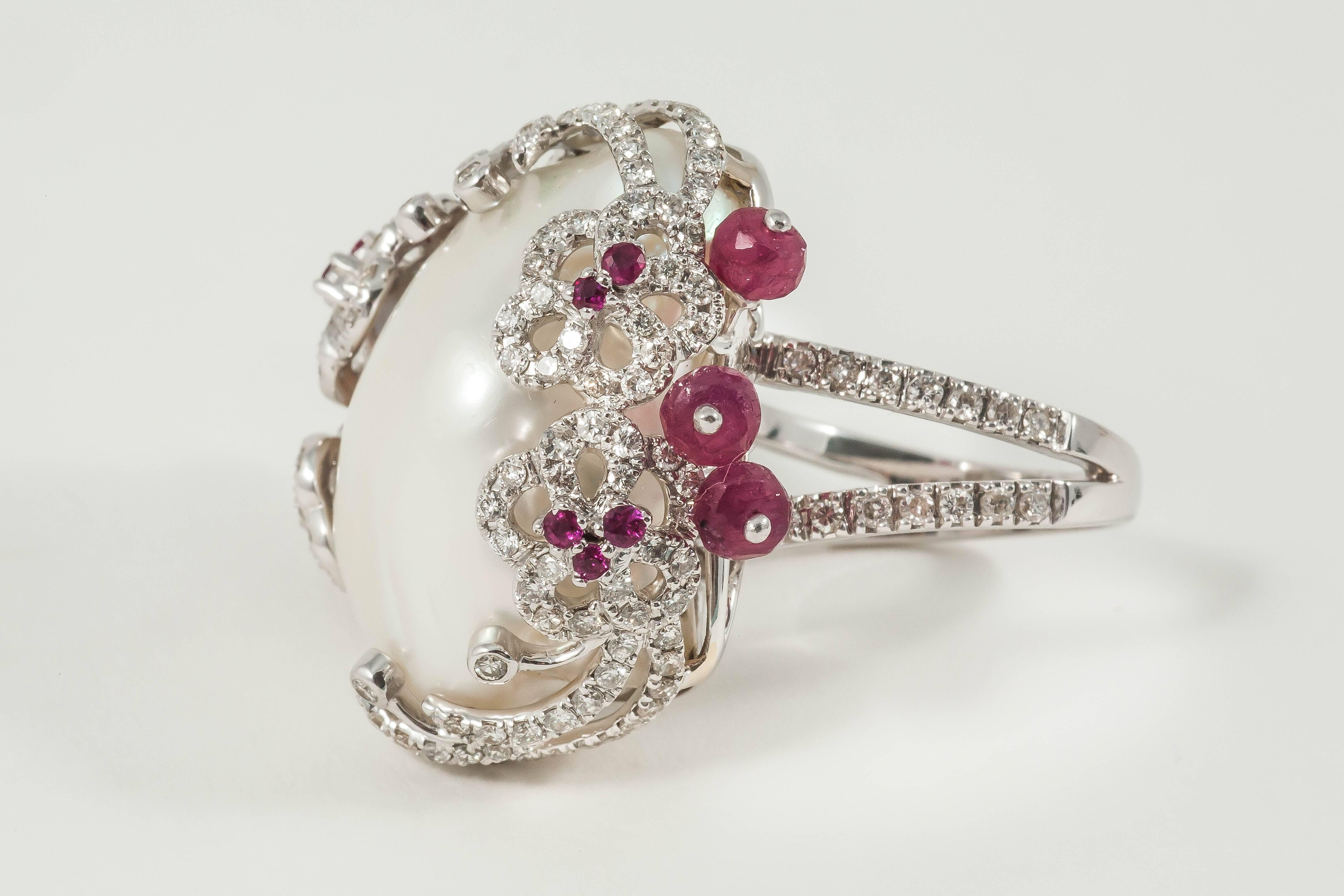 Baroque Pearl Ruby diamond gold cocktail Ring  For Sale 3