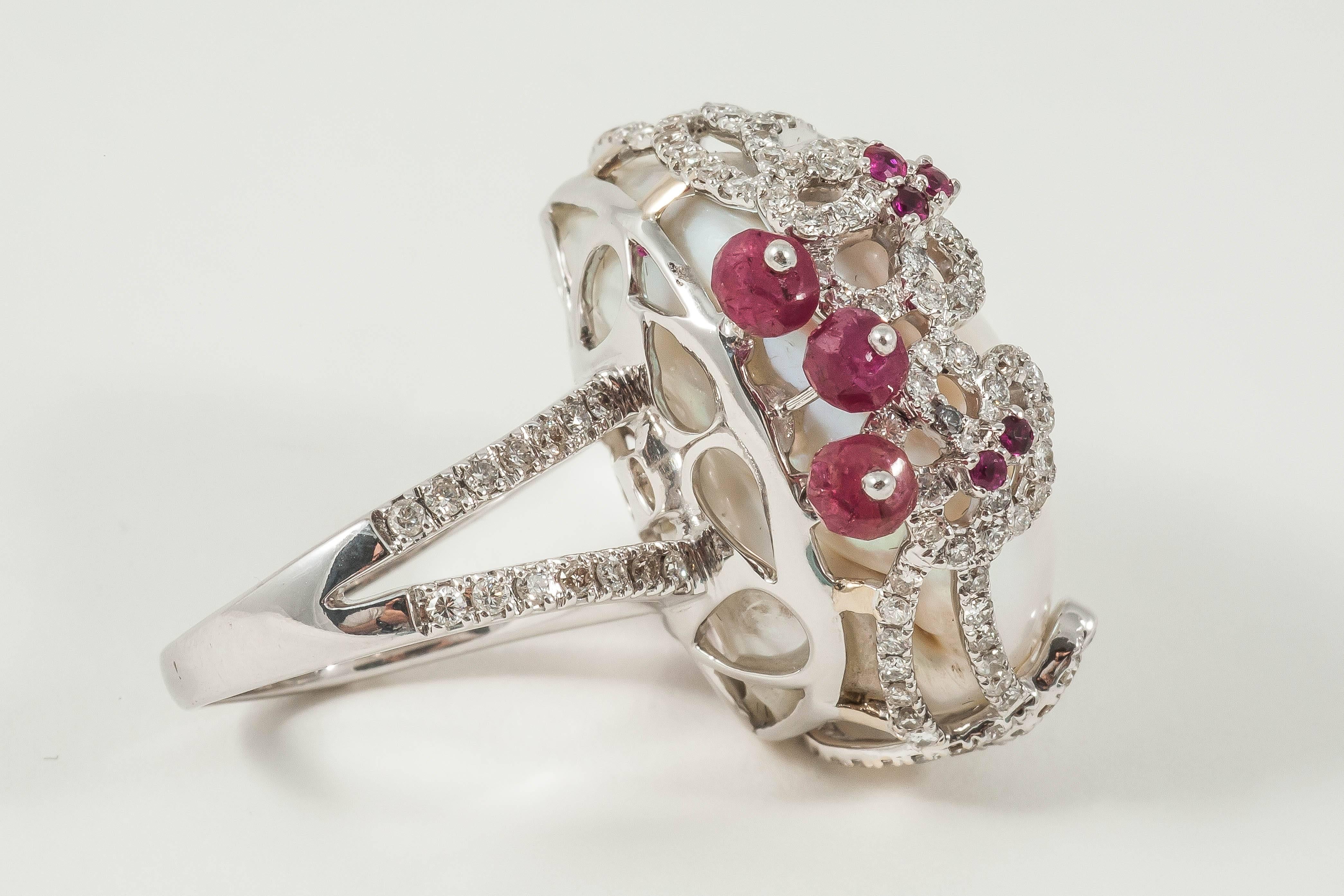 Baroque Pearl Ruby diamond gold cocktail Ring  For Sale 4