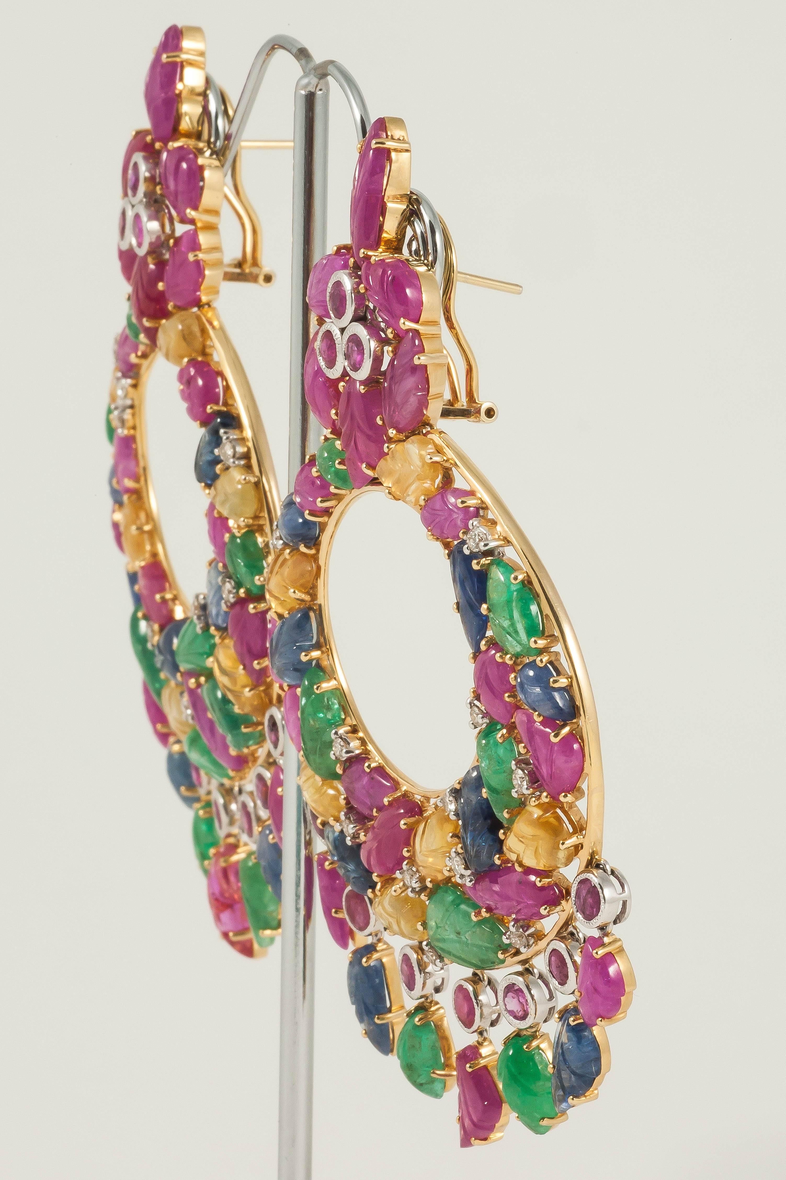 Carved Emerald Ruby Yellow Sapphire Gold Leaf Motif dangle Earrings  For Sale 2