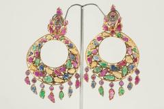 Carved Emerald Ruby Yellow Sapphire Gold Leaf Motif dangle Earrings