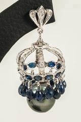 Majestic Grey South Sea Pearl Blue Sapphire Diamond Gold Dome Earrings