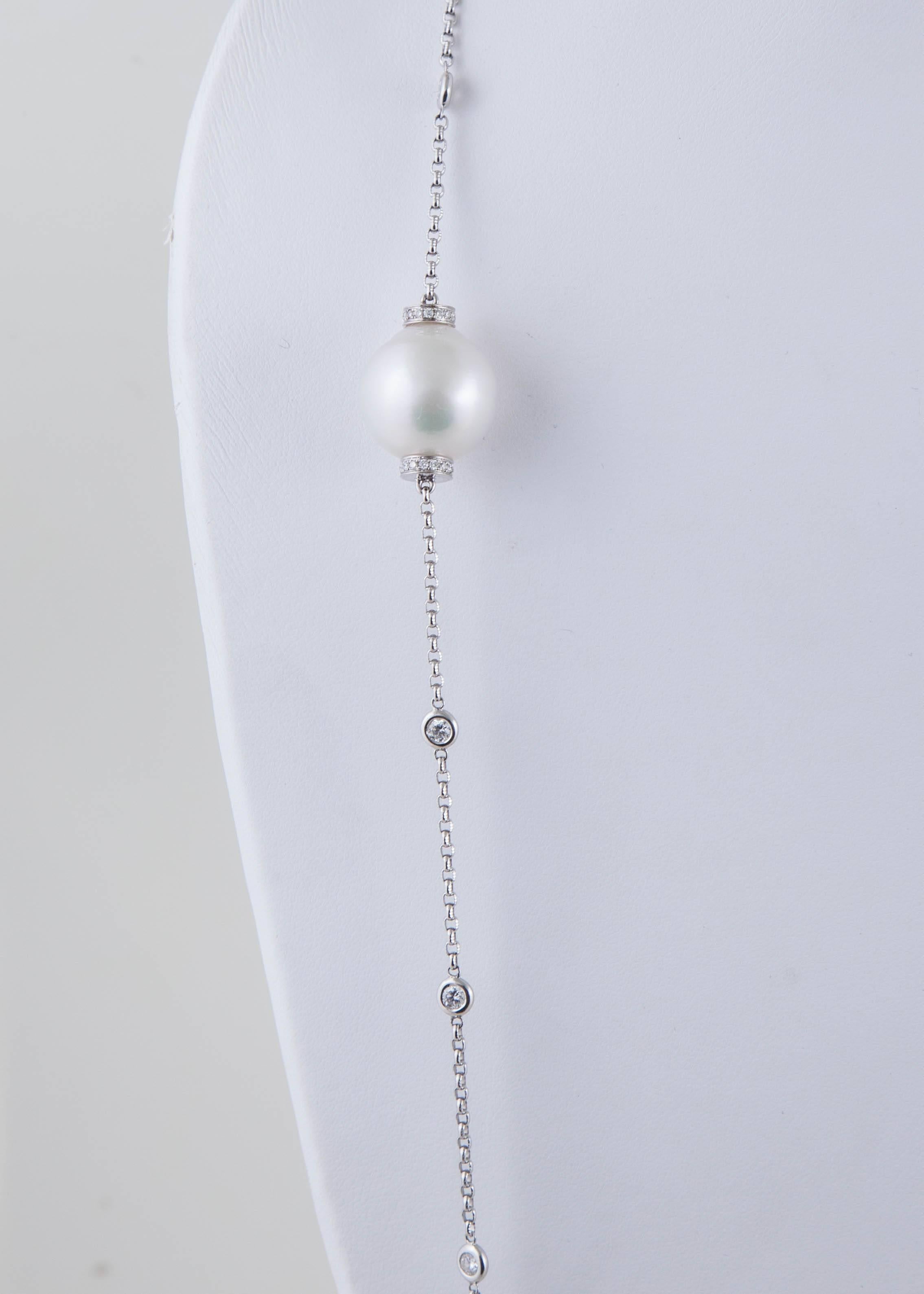 This White South Sea Pearl and Diamond Necklace is perfect for layering or wearing solo. Consisting of 5 natural color 17x18mm White South Sea pearls and 1.53ct of bezel diamonds. 

This necklace is 41