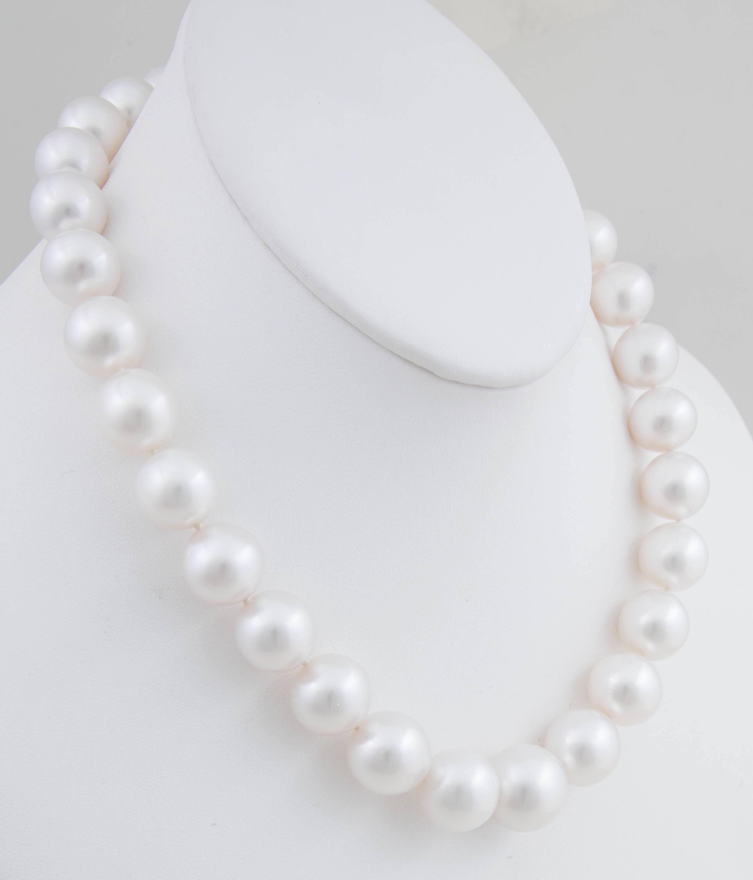This natural color White South Sea cultured pearl strand consists of 29 13x17mm matching pearls. The 17.5