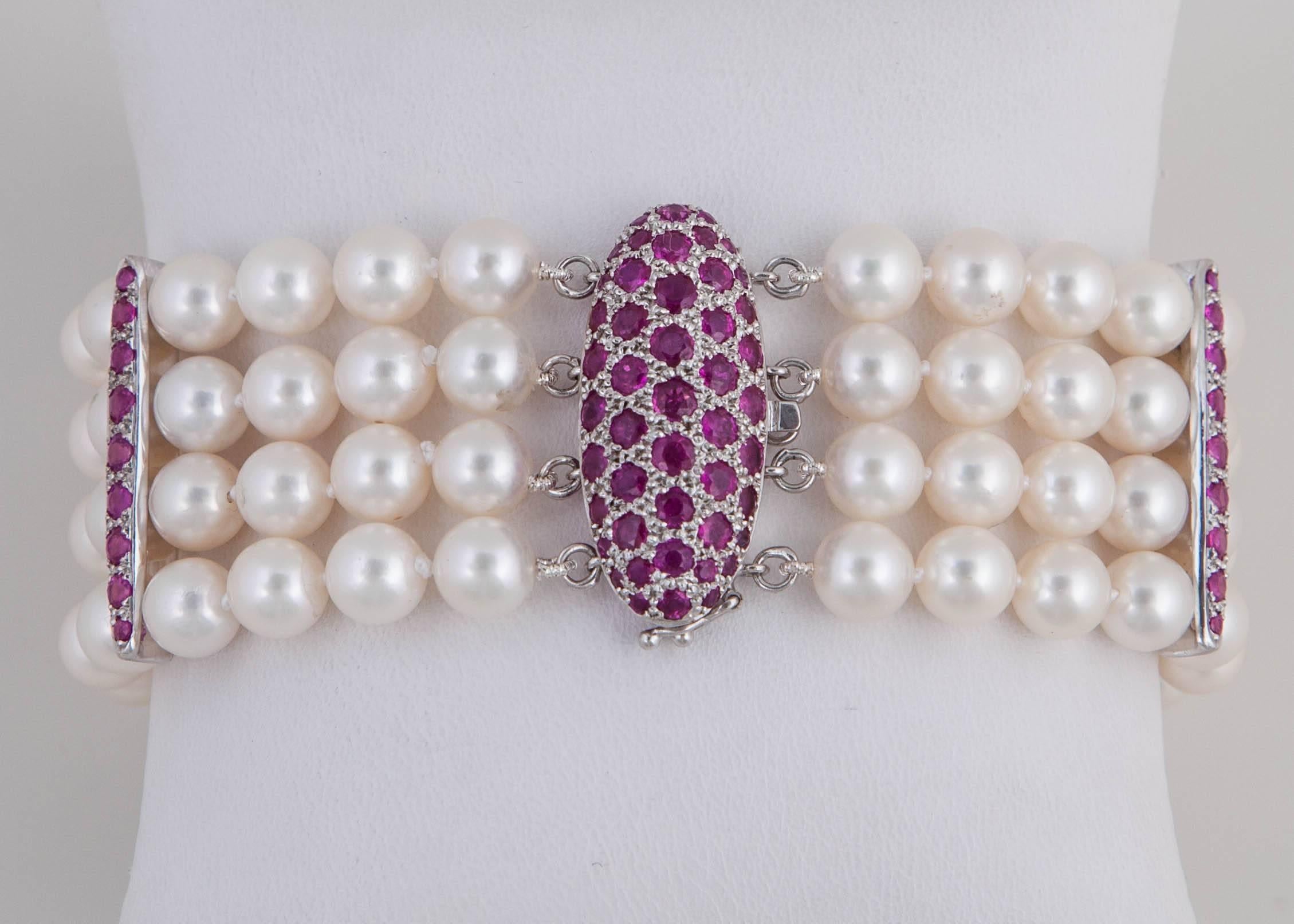 This 4 row Akoya Cultured Pearl strand bracelet is enhanced by three 18k white gold ruby spacers, as well as a ruby clasp. Elegant and classy this bracelet is perfect for most occasions.

The Museum Collection is comprised of stunning one of a