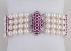 Akoya Cultured Pearl, Ruby and Gold Strand Bracelet