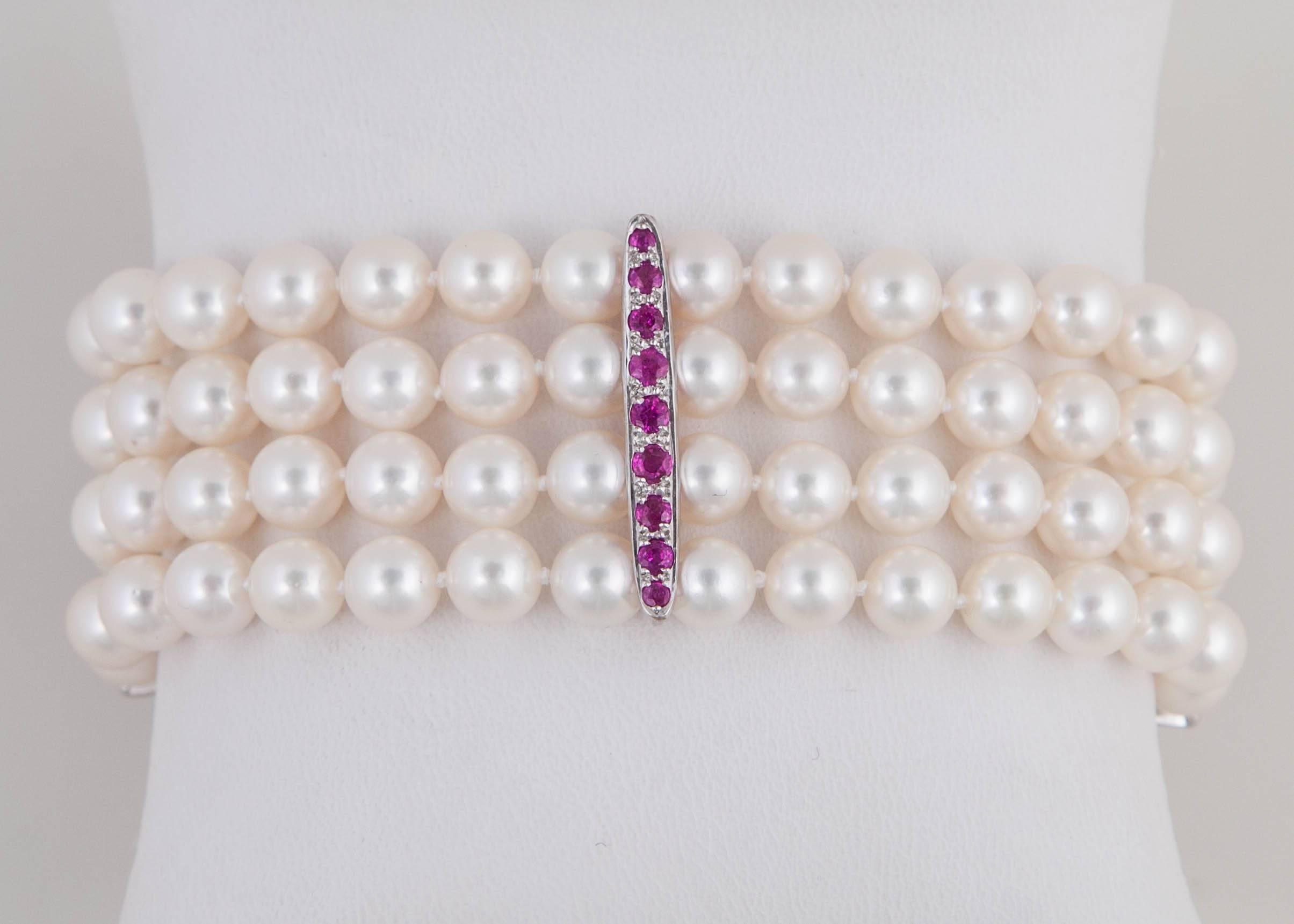 Contemporary Akoya Cultured Pearl, Ruby and Gold Strand Bracelet For Sale