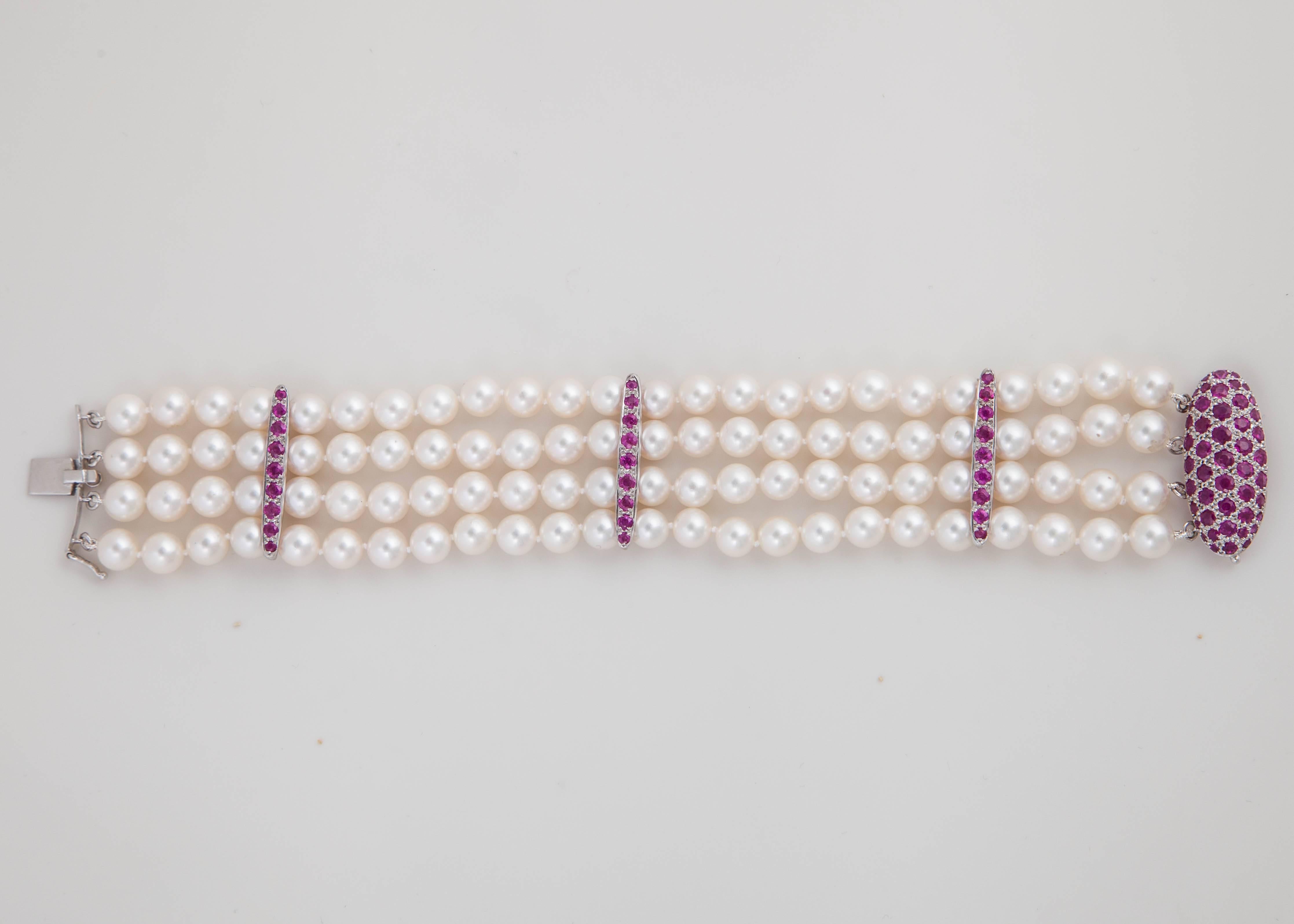 Akoya Cultured Pearl, Ruby and Gold Strand Bracelet In New Condition For Sale In New York, NY