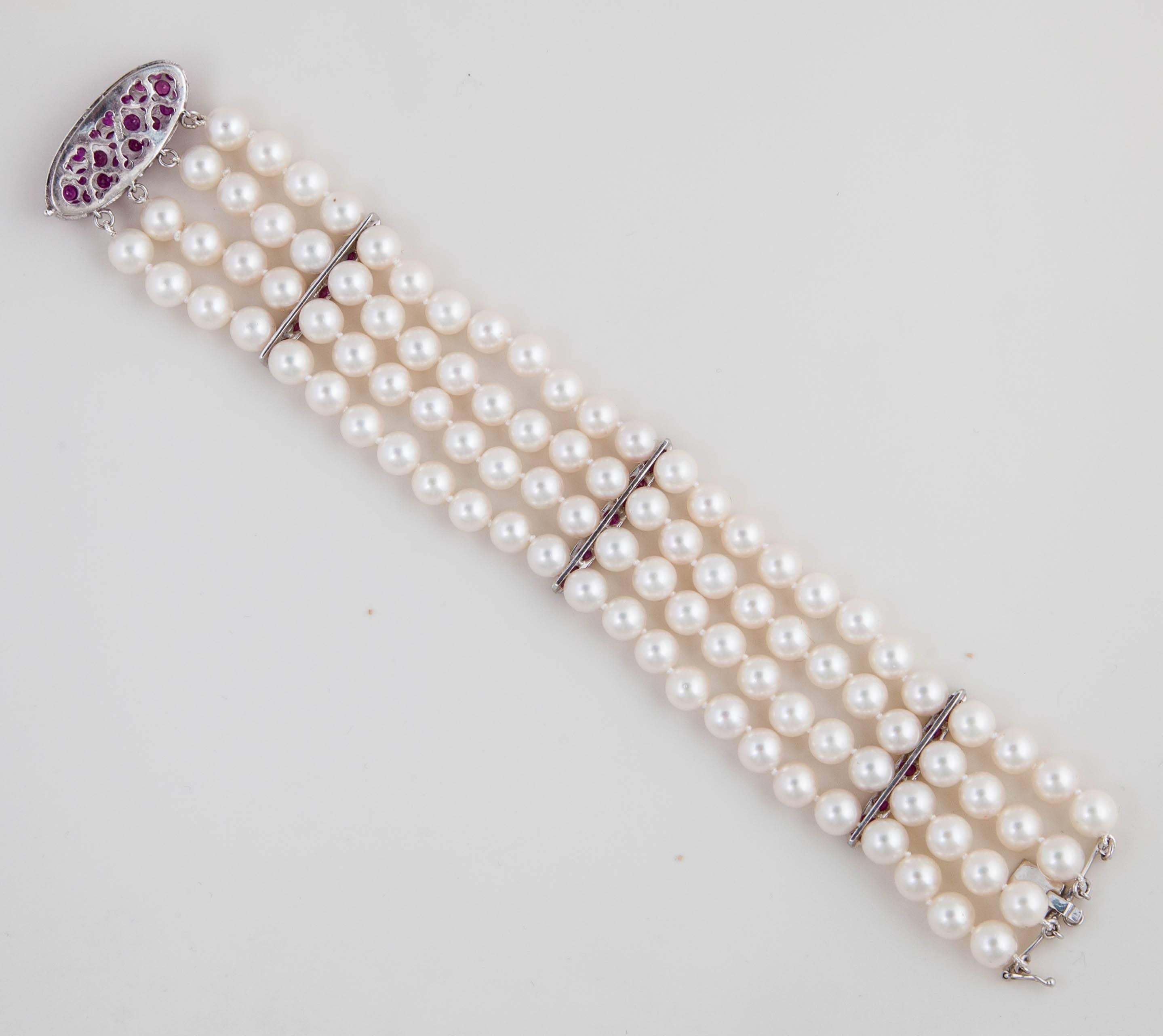 Women's Akoya Cultured Pearl, Ruby and Gold Strand Bracelet For Sale
