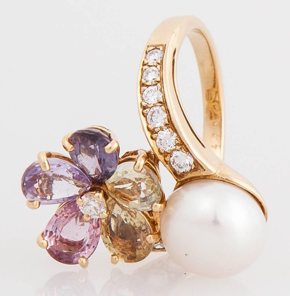 Bvlgari, bague fleur et perle multicolore avec diamants Pour femmes en vente