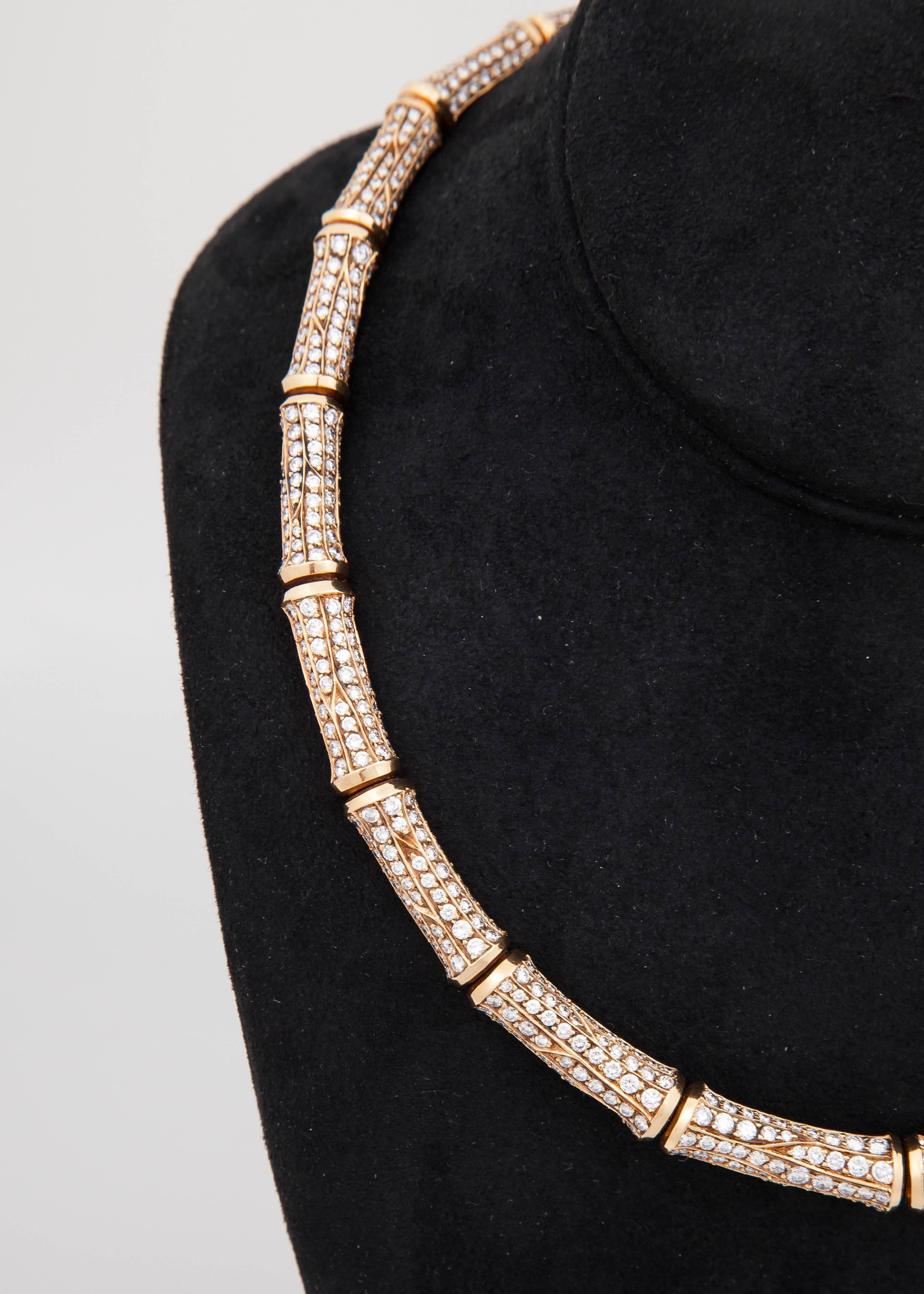 Cartier Stunning Bamboo Diamond Gold Link Necklace In New Condition In New York, NY