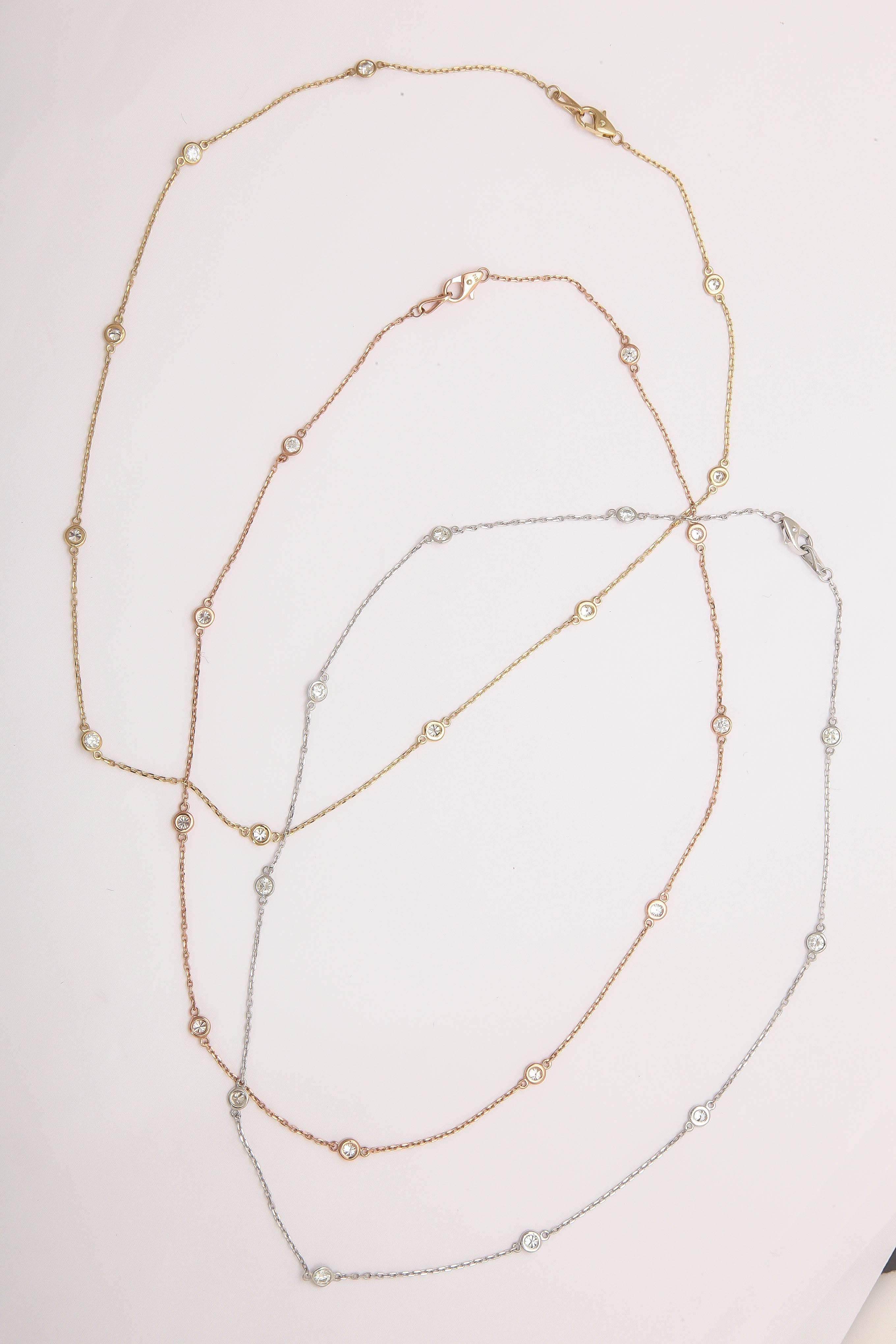 These necklaces are available in 14 kt yellow, white or rose gold. There are 10  diamonds  in each necklace averaging 1.10 cts. The quality of the diamonds is G-H color, SI 2 clarity. All necklaces are 18 in. and priced at $2275.00 each.