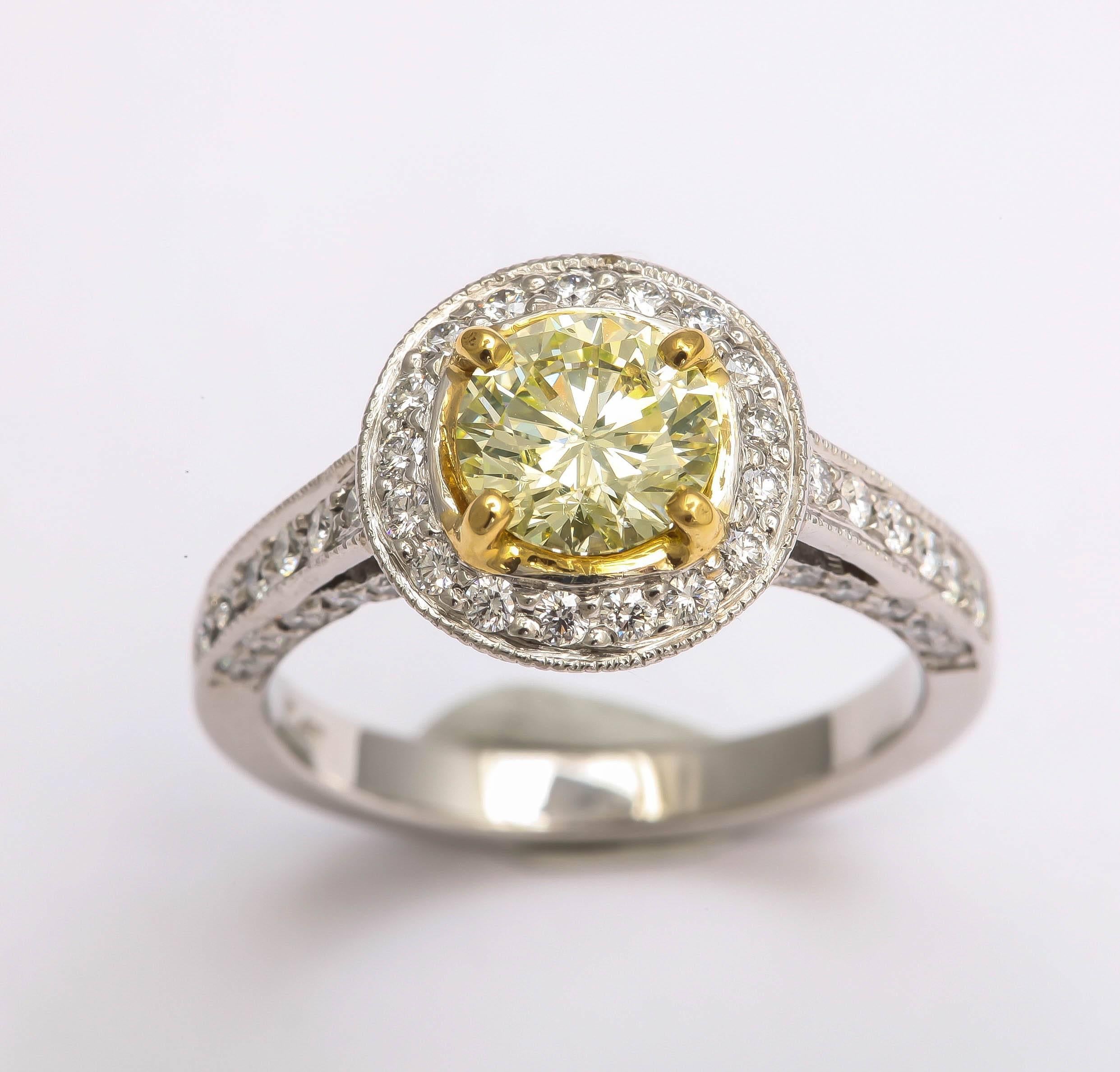 Charming Natural Light Green Yellow Diamond Halo Ring For Sale 1