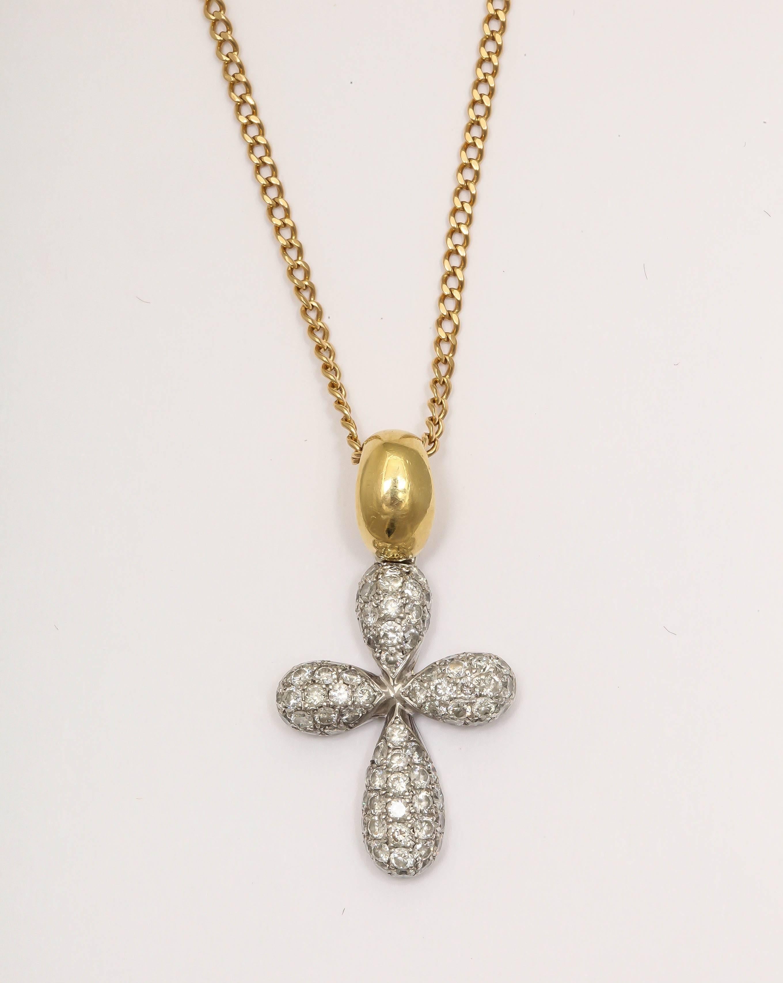 Modernist Italian Diamond Gold Cross Pendant on Chain, 20th Century