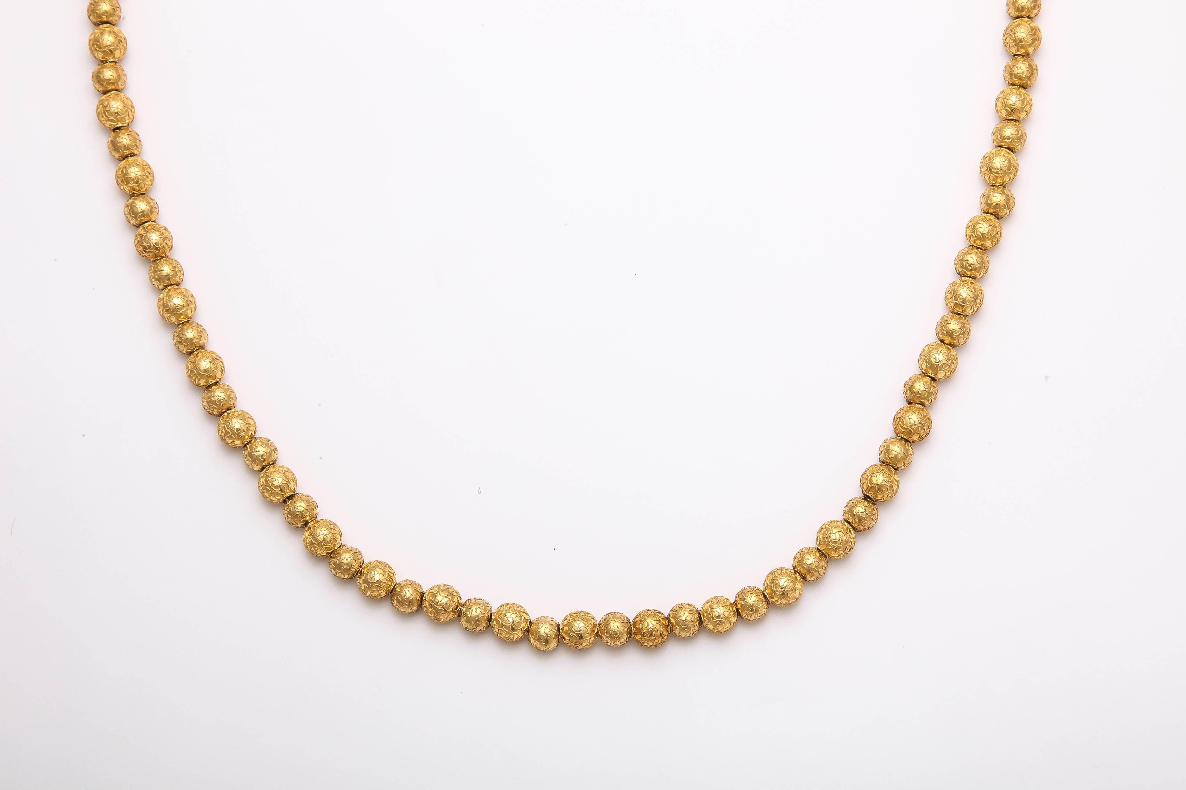 Women's Intricately Engraved Gold Bead Necklace c.1870