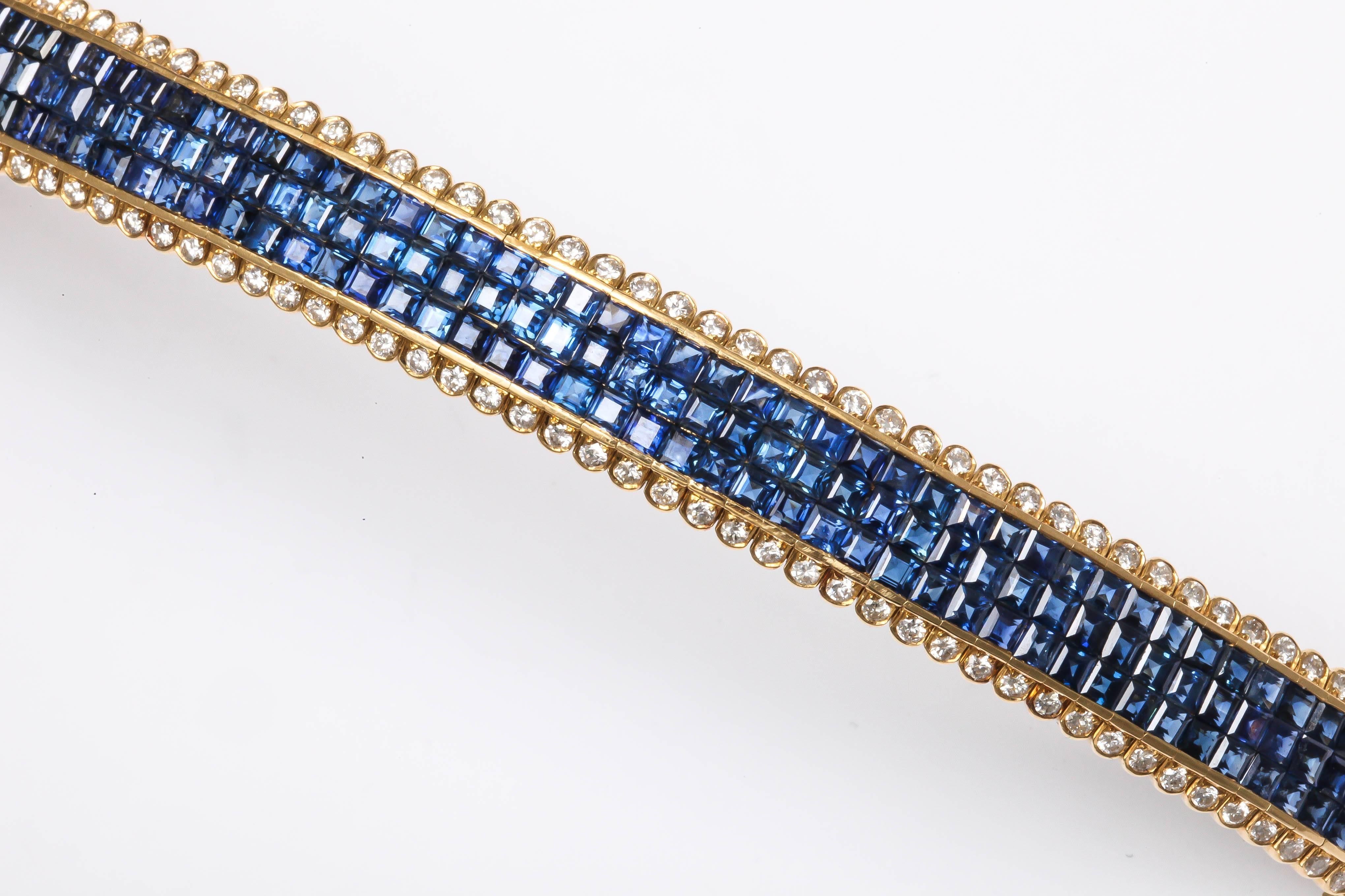Flexible Sapphire Diamond Gold Tennis Bracelet In Excellent Condition In New York, NY