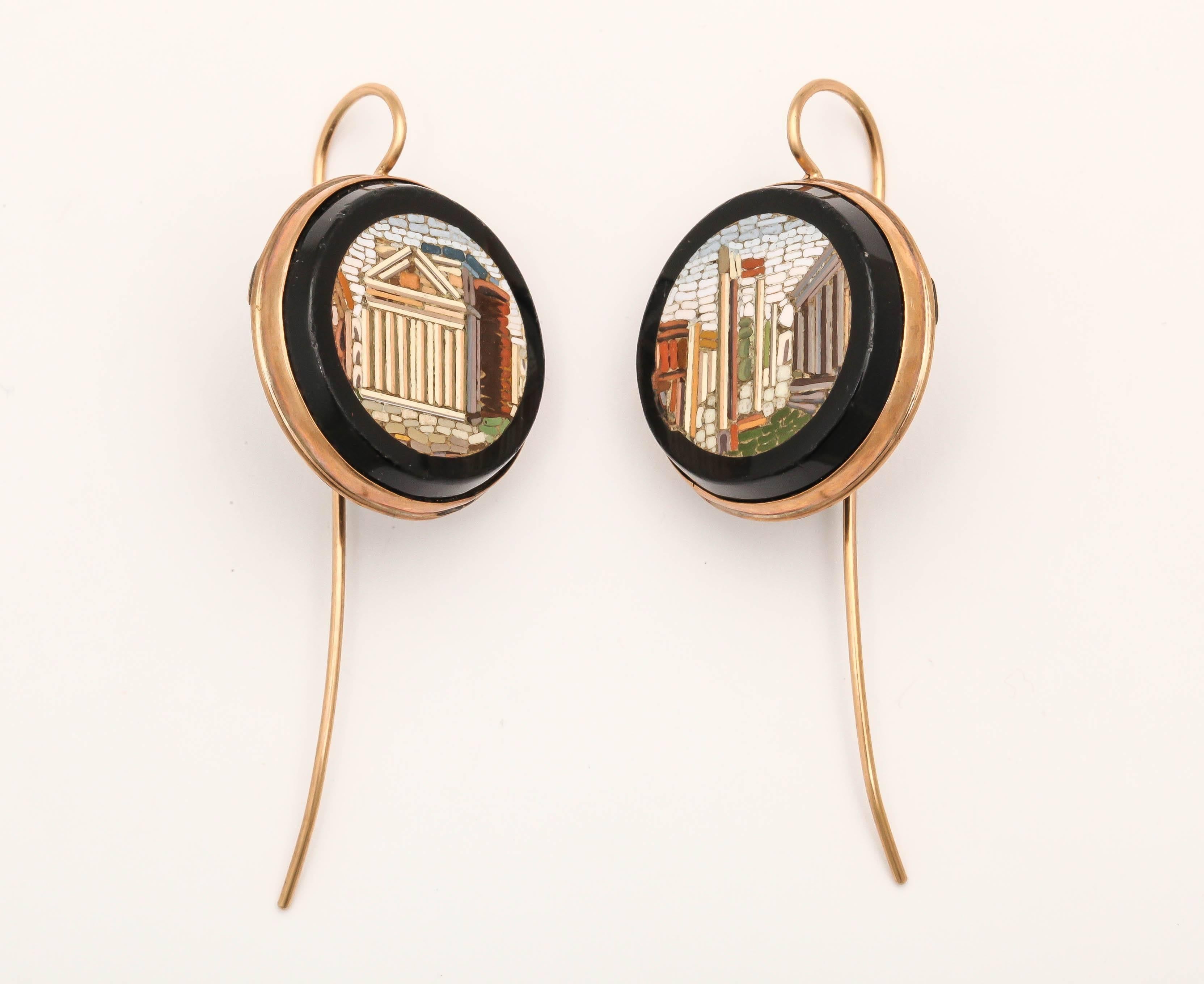19th Century Micro Mosaic Earrings set in gold with long gold wires.  Scenes of the Colosseum and the Forum.  Very regal - and so  Roman.