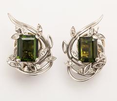 Emerald Cut Green Tourmaline Diamond Gold Earrings