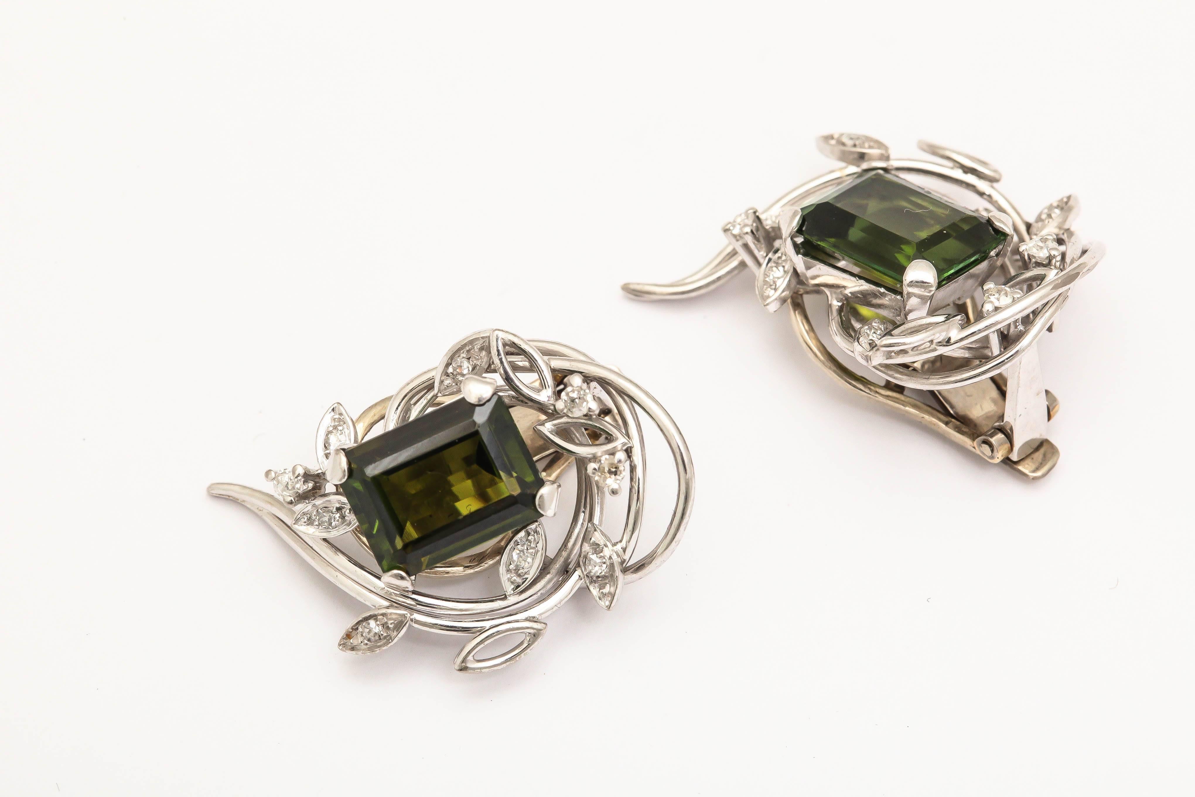 Emerald Cut Green Tourmaline Diamond Gold Earrings  In Excellent Condition For Sale In New York, NY