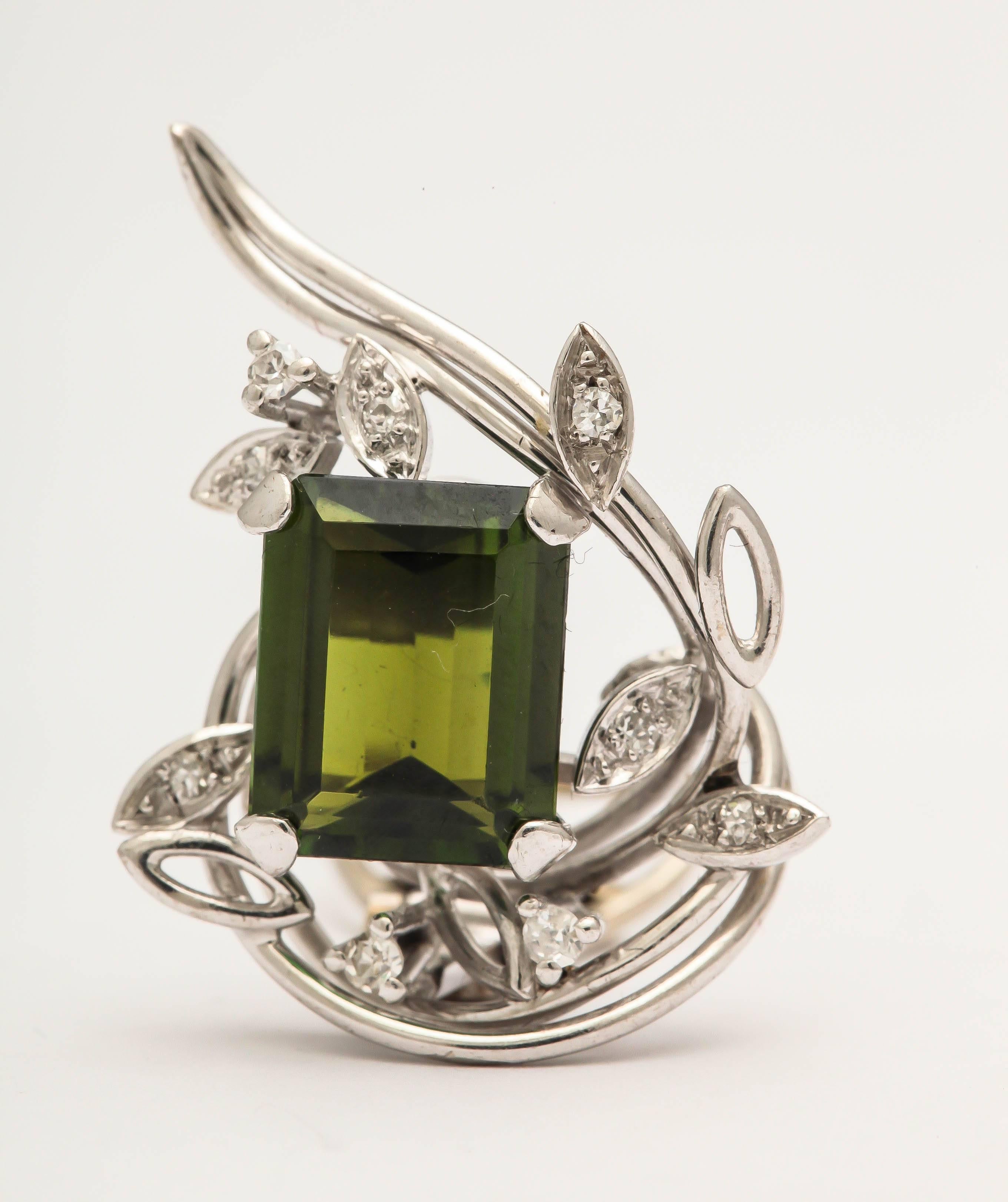 Emerald Cut Green Tourmaline Diamond Gold Earrings  For Sale 1