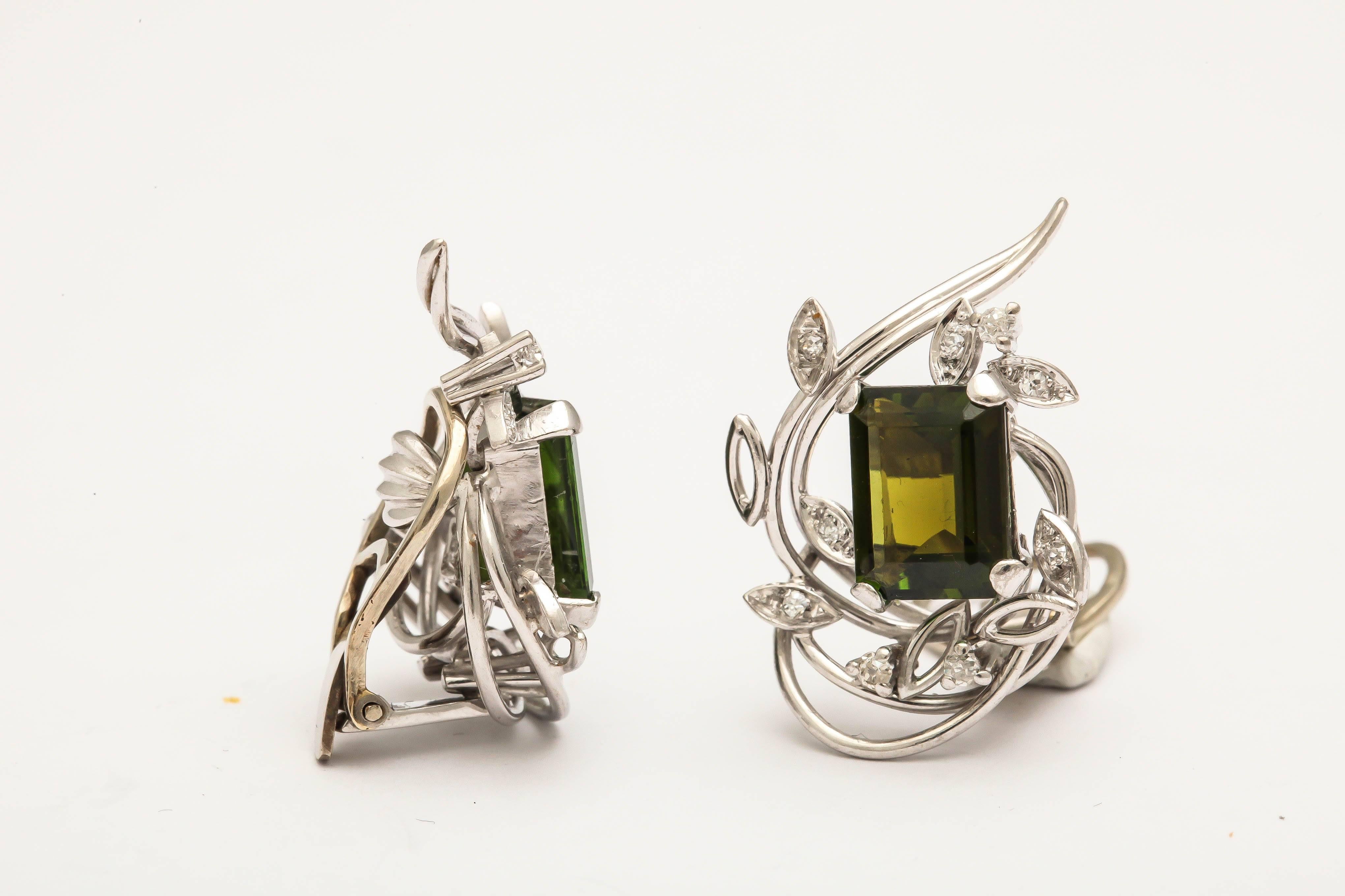 Emerald Cut Green Tourmaline Diamond Gold Earrings  For Sale 2