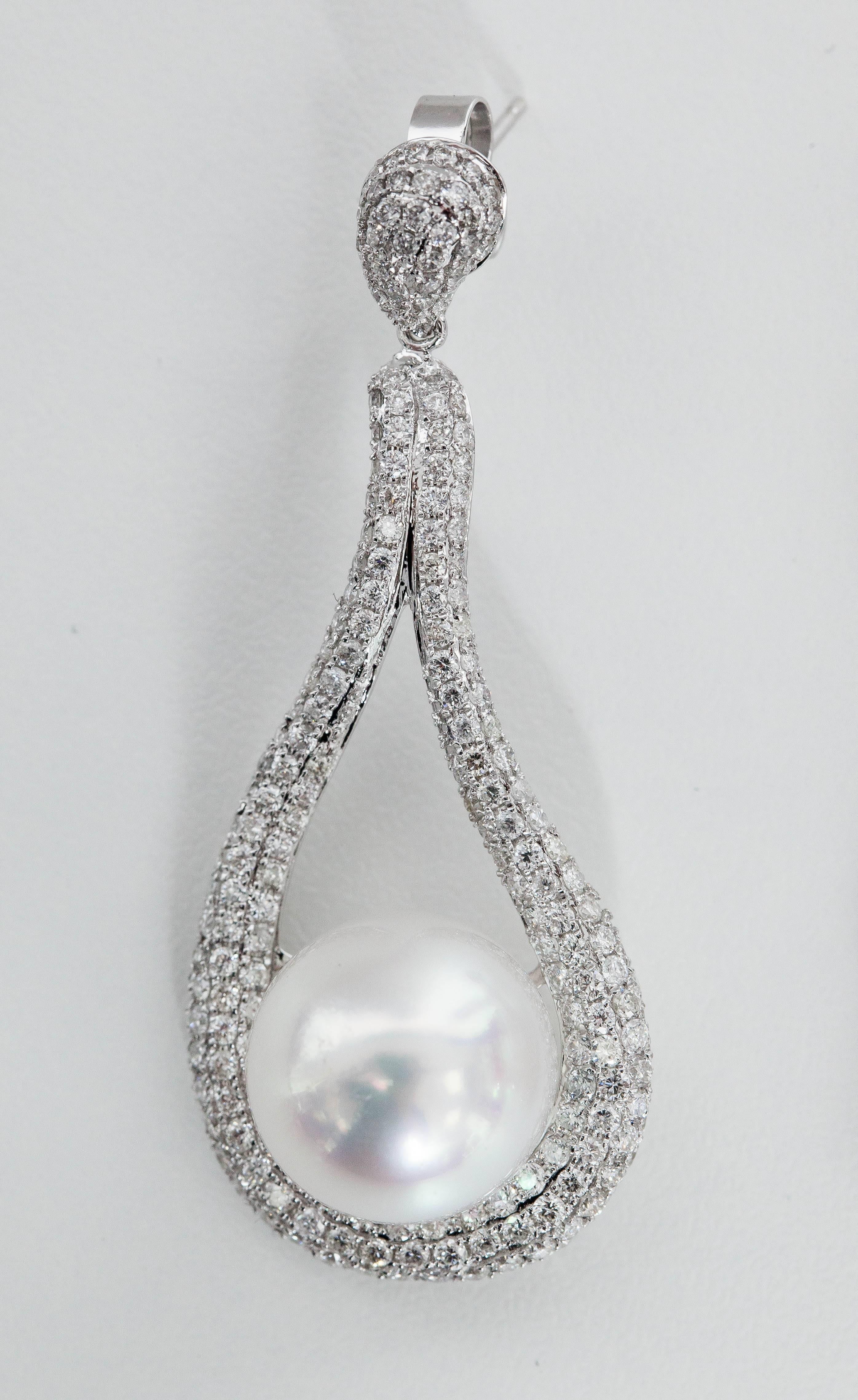 Round Cut South Sea Pearl and Diamond Dangle Earrings For Sale