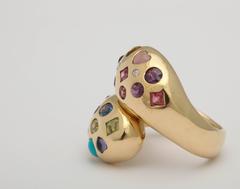 1980s Multi-Gemstone Gold Double Snake Head Crossover Ring