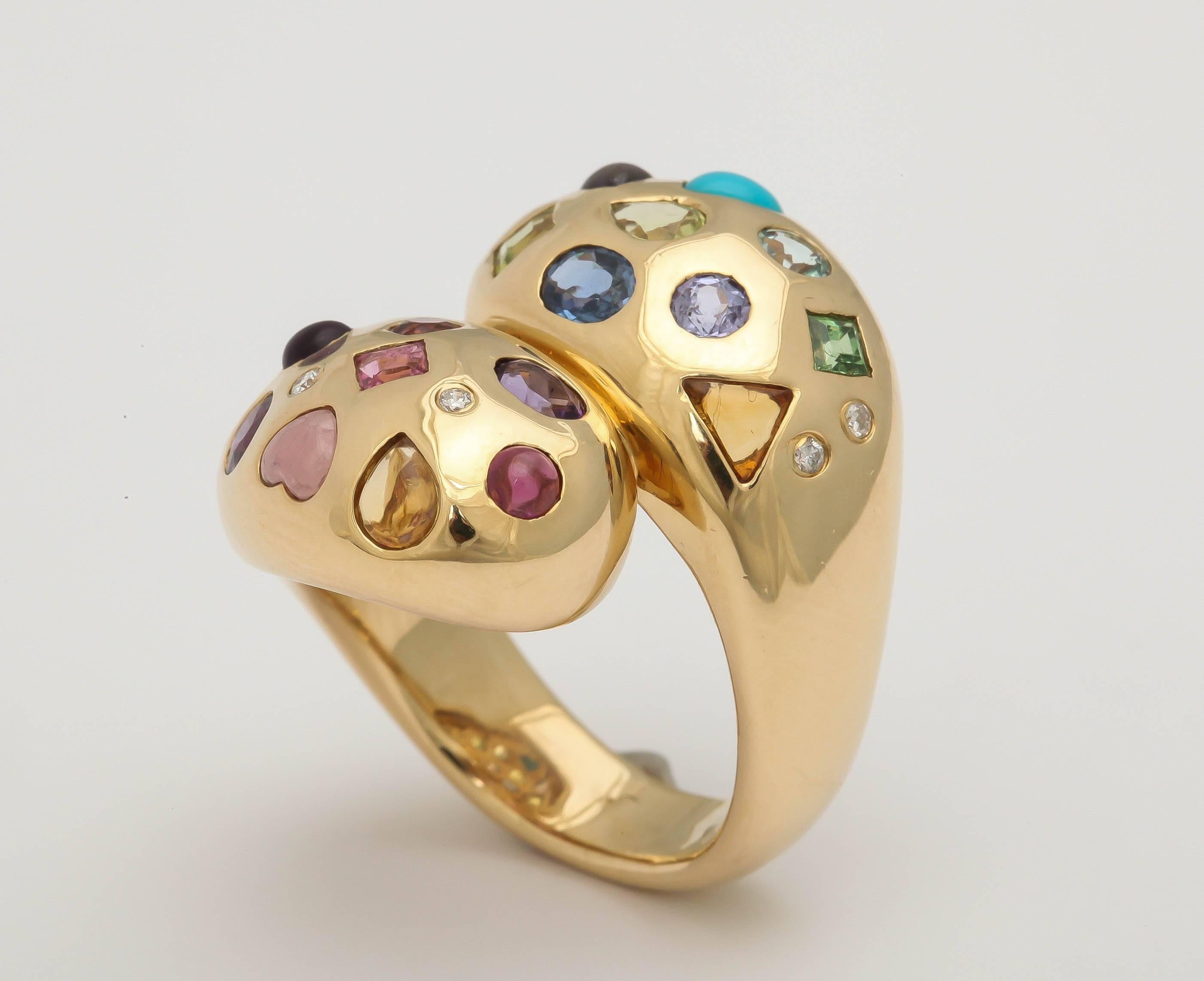 1980s Multi-Gemstone Gold Double Snake Head Crossover Ring at 1stDibs