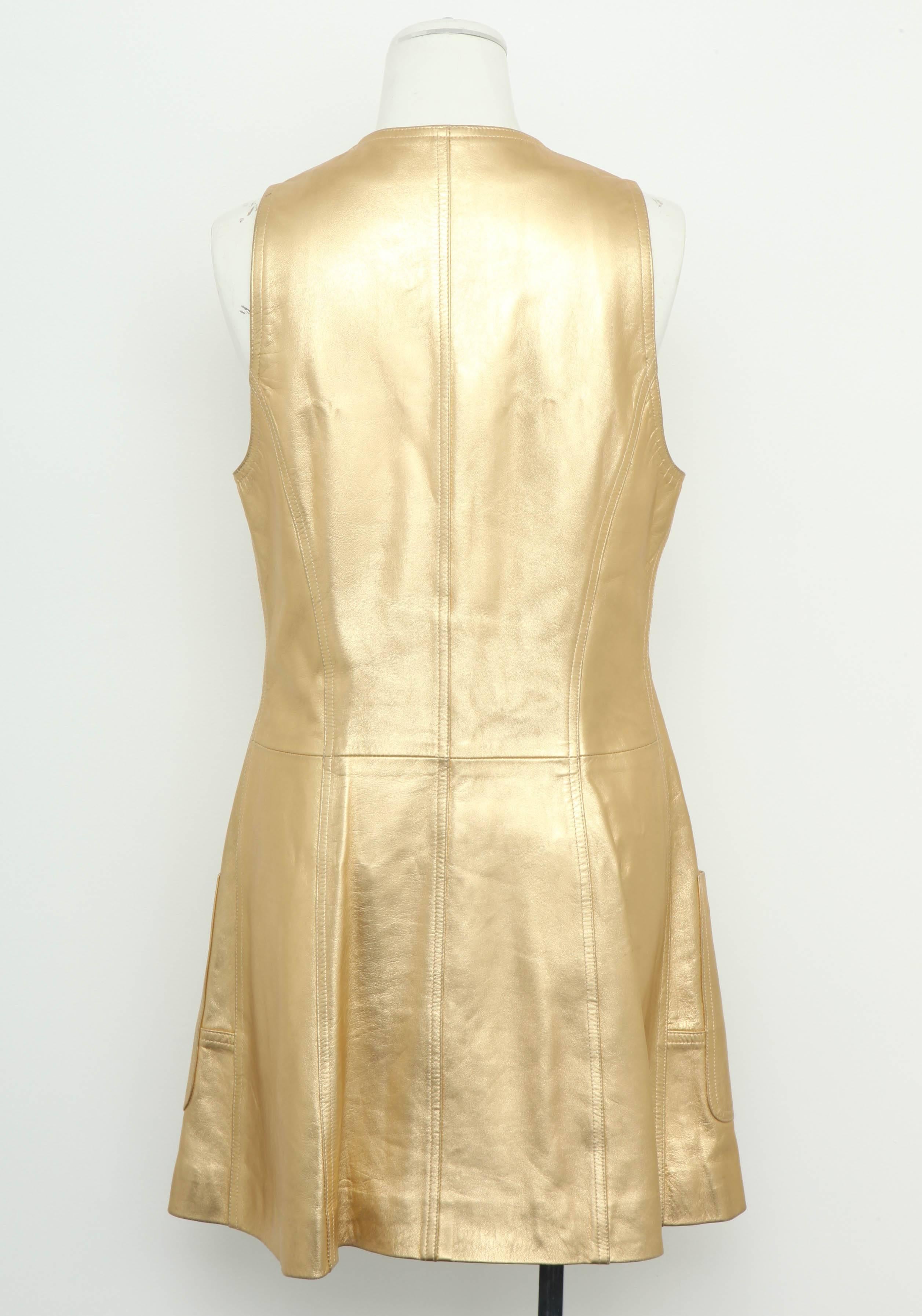 Vintage Chanel Gold Leather Vest Dress with CC Buttons 1980's For Sale 4