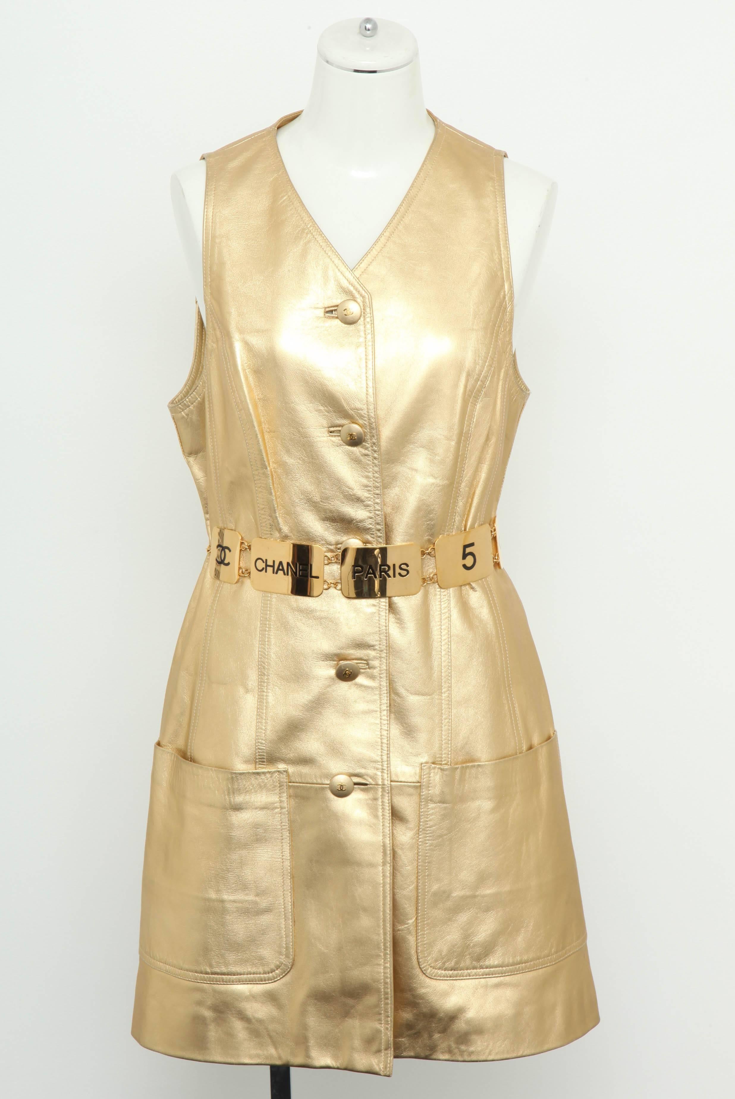 Vintage Chanel Gold Leather Vest Dress with CC Buttons 1980's For Sale 6