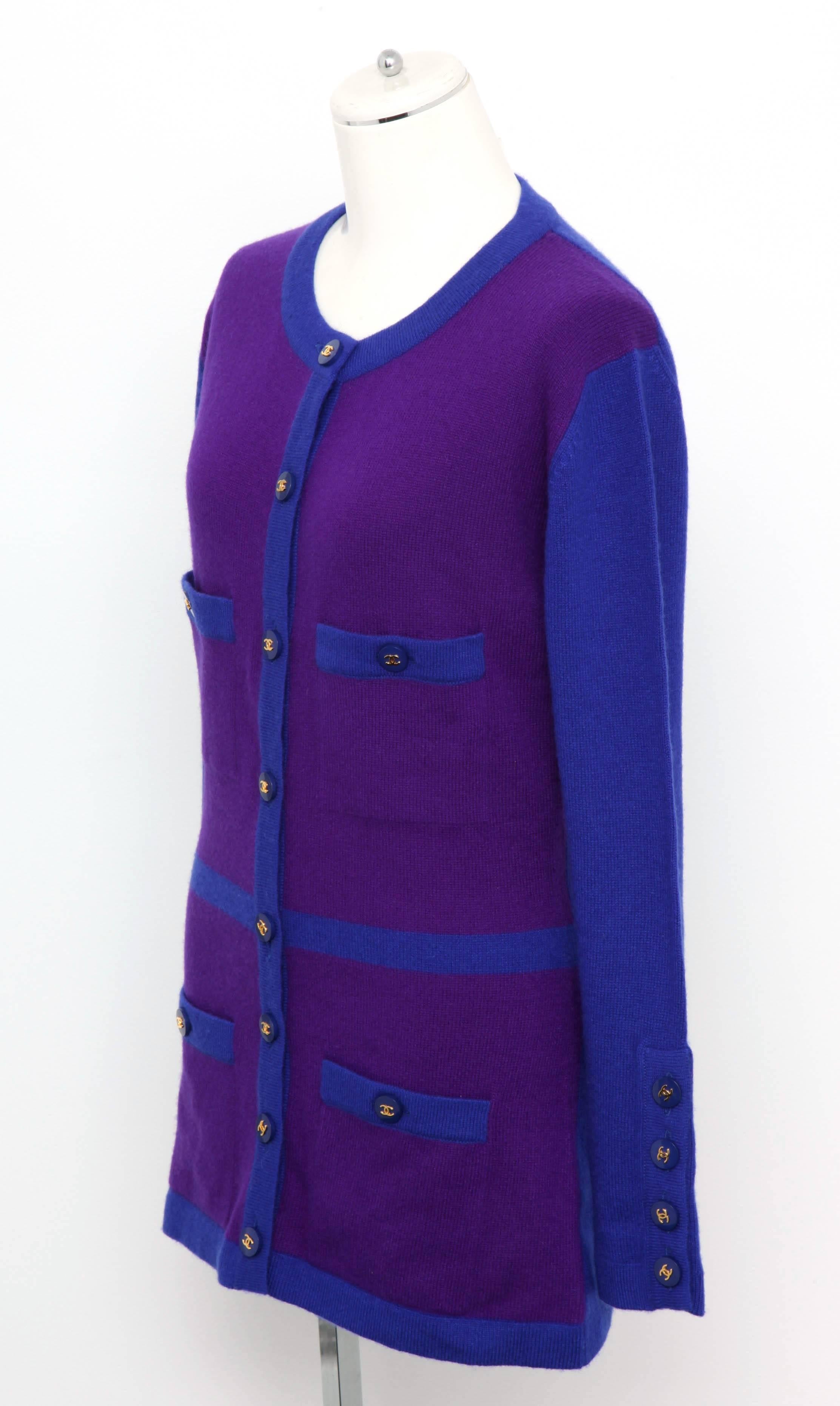 Purple Chanel Cashmere Cardigan Sweater with CC Buttons, 1990s