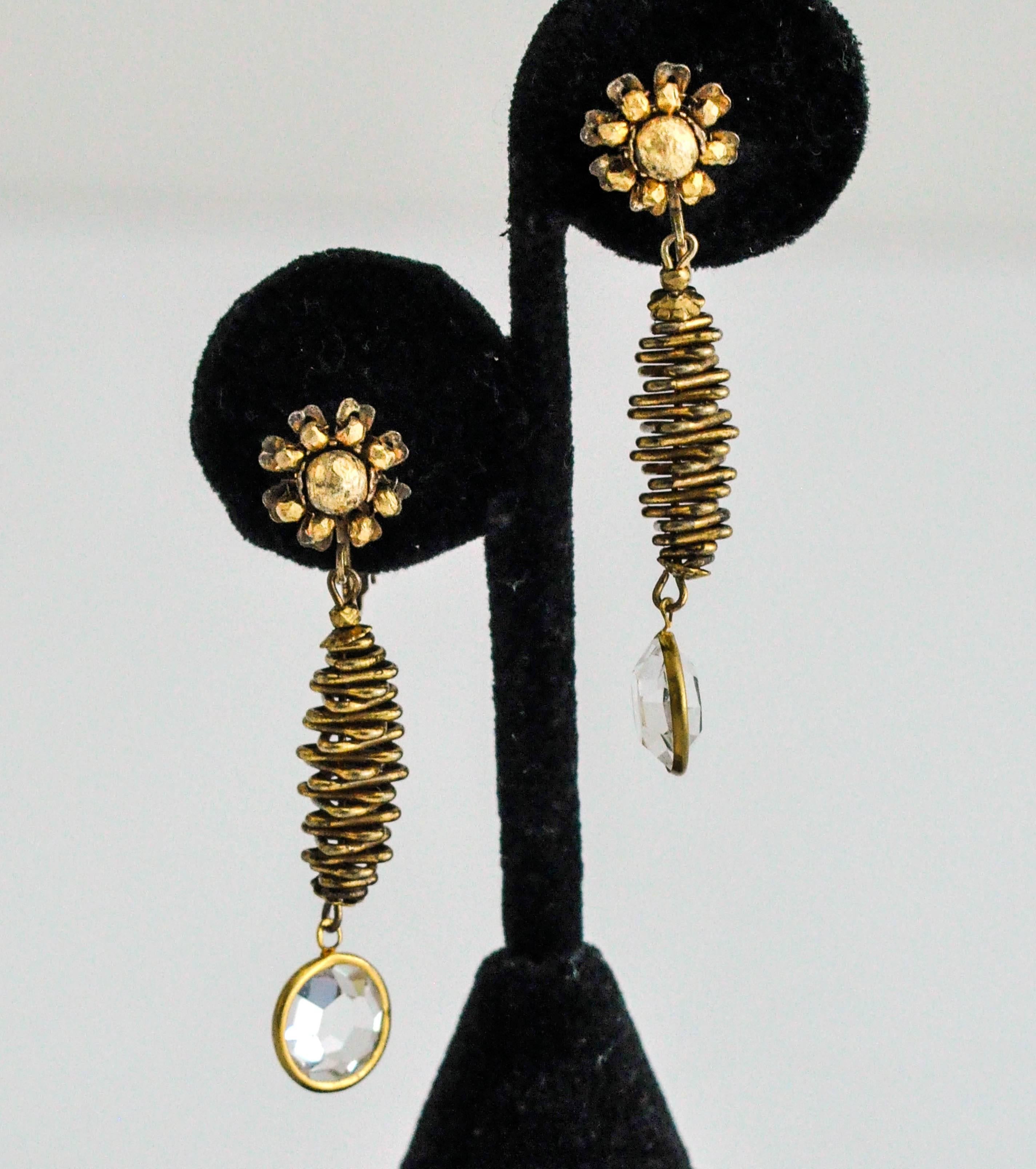  Vintage Miriam Haskell Clip Earrings with Crystal Drop In Good Condition For Sale In Winnetka, IL