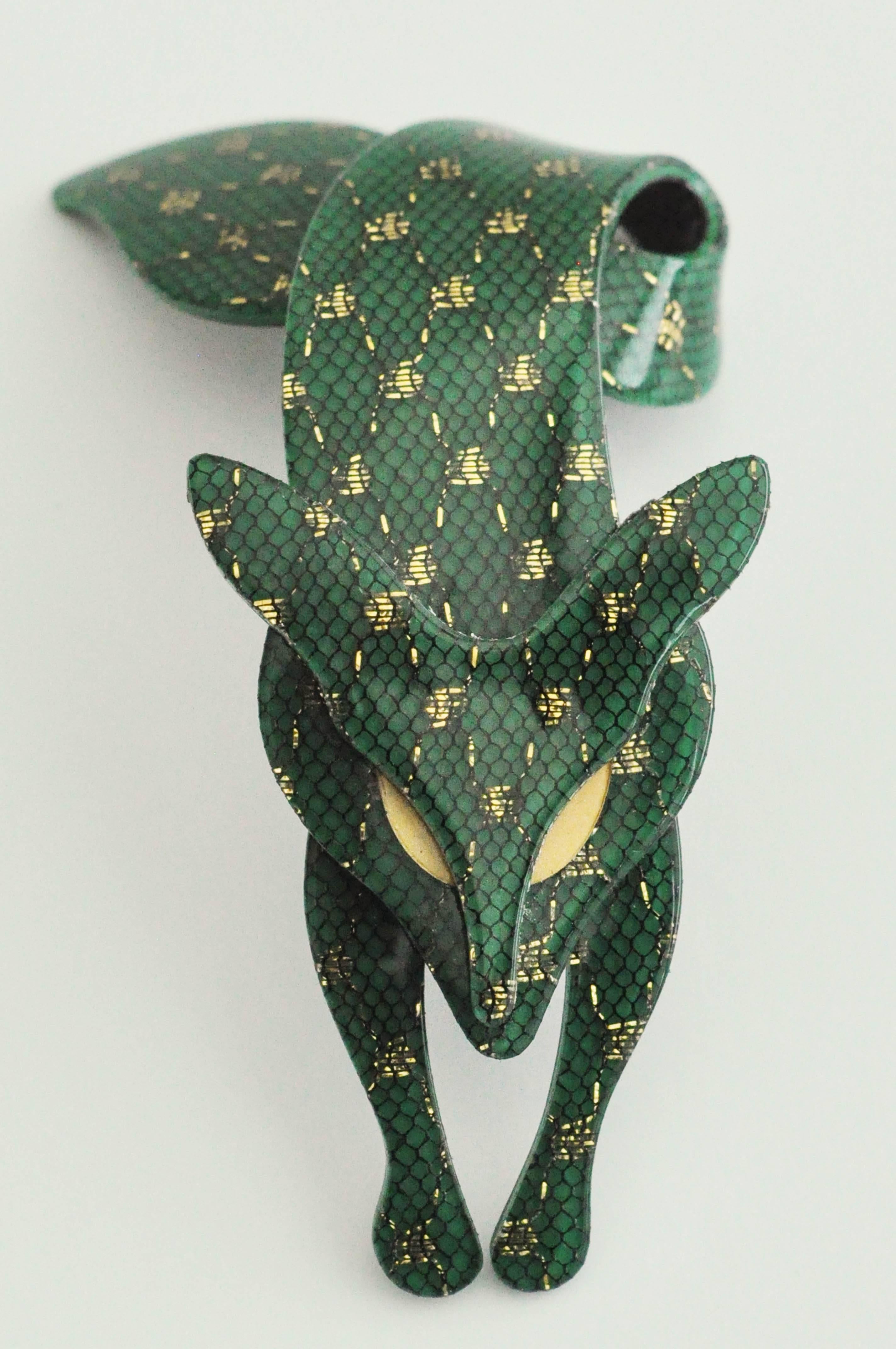 Art Deco Lea Stein Fox Brooch with Gold And Black Lace Fabric For Sale
