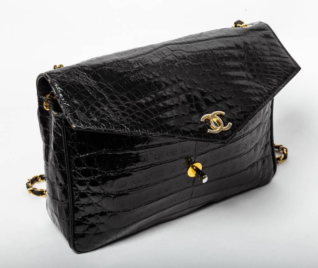 Chanel Vintage Black Crocodile Flap Bag 4
