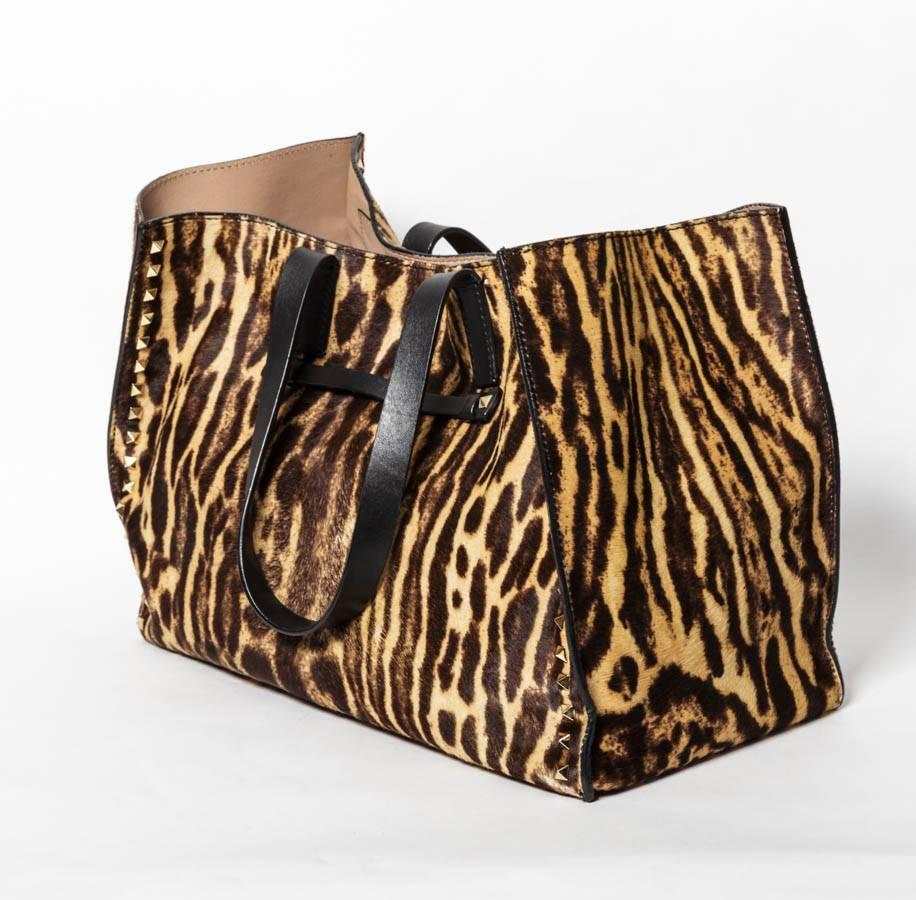 Black Valentino Rockstud Calf Hair Shopping Tote Bag