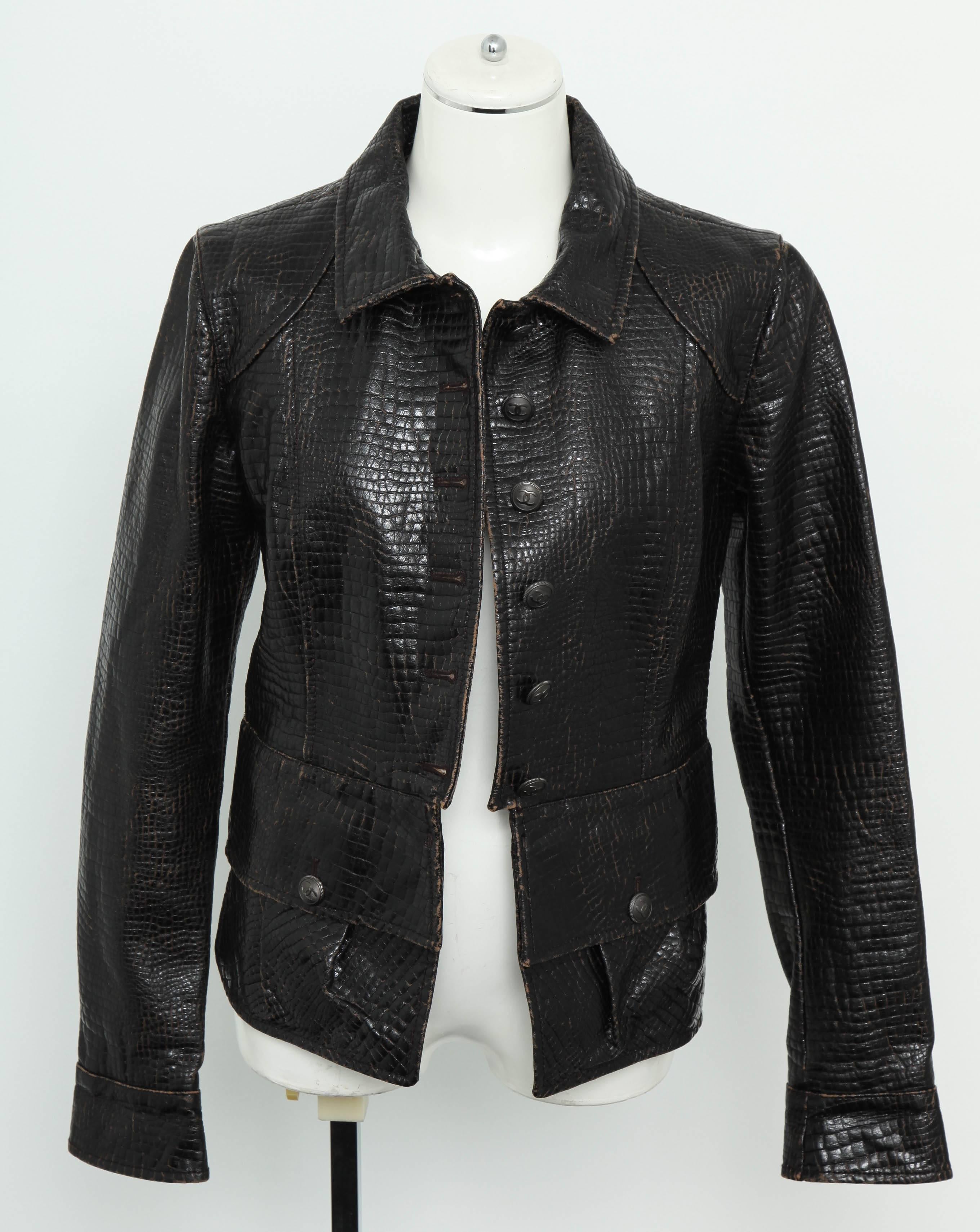 Very rare Chanel croc embossed cotton jacket in dark brown. As seen on runway. It looks like leather, 100% cotton. Size 42. 