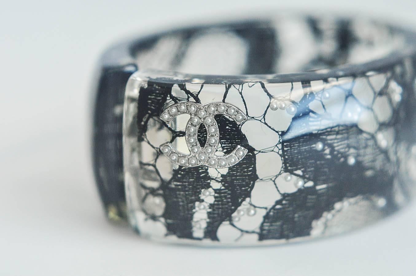Modern Chanel Lucite Cuff Bracelet with Lace Fabric and Pearls For Sale