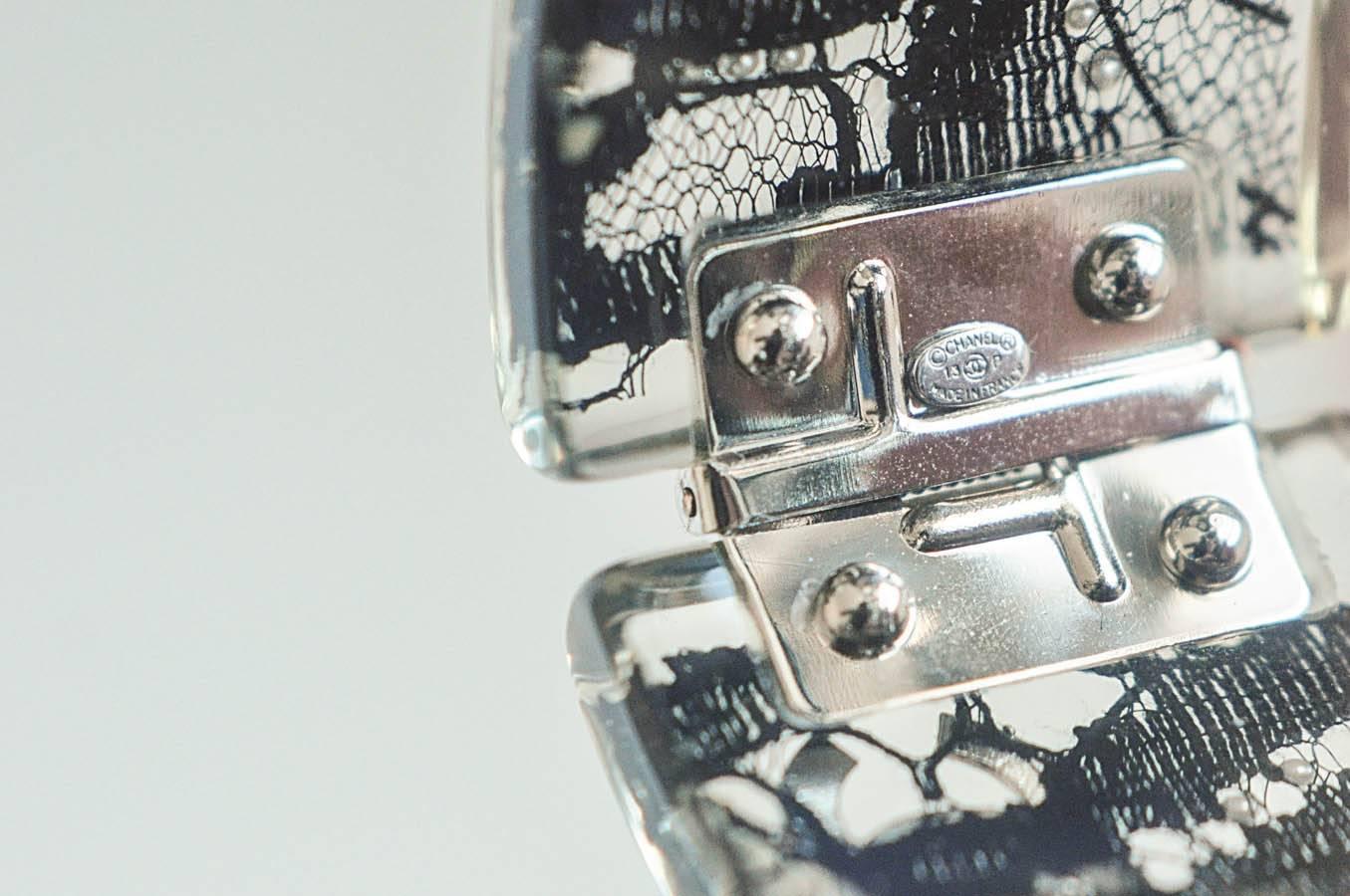 Chanel Lucite Cuff Bracelet with Lace Fabric and Pearls In New Condition For Sale In Winnetka, IL