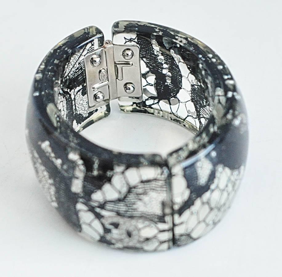 Women's Chanel Lucite Cuff Bracelet with Lace Fabric and Pearls For Sale