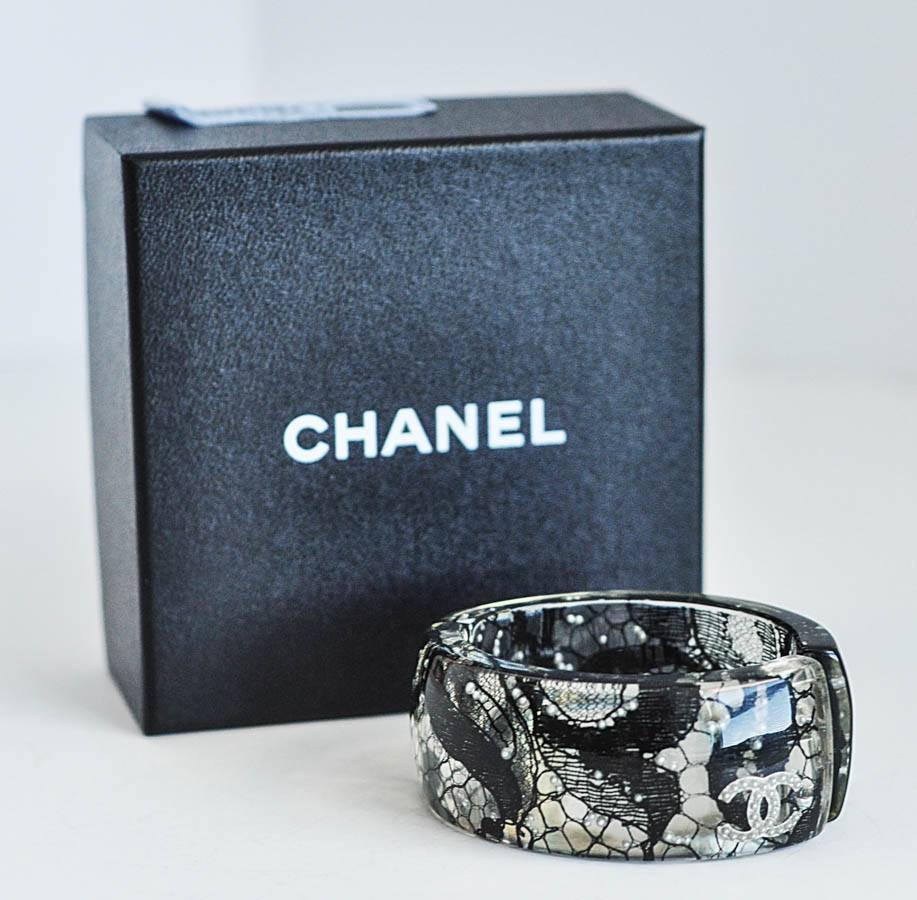 Chanel Lucite Cuff Bracelet with Lace Fabric and Pearls For Sale 1