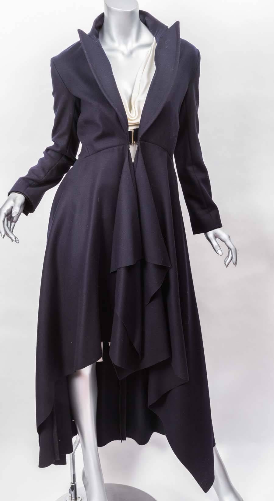 Black Celine Long Navy Draped Wool Coat
