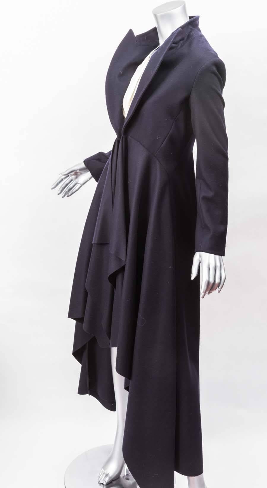 Celine Long Navy Draped Wool Coat In New Condition In Westhampton Beach, NY