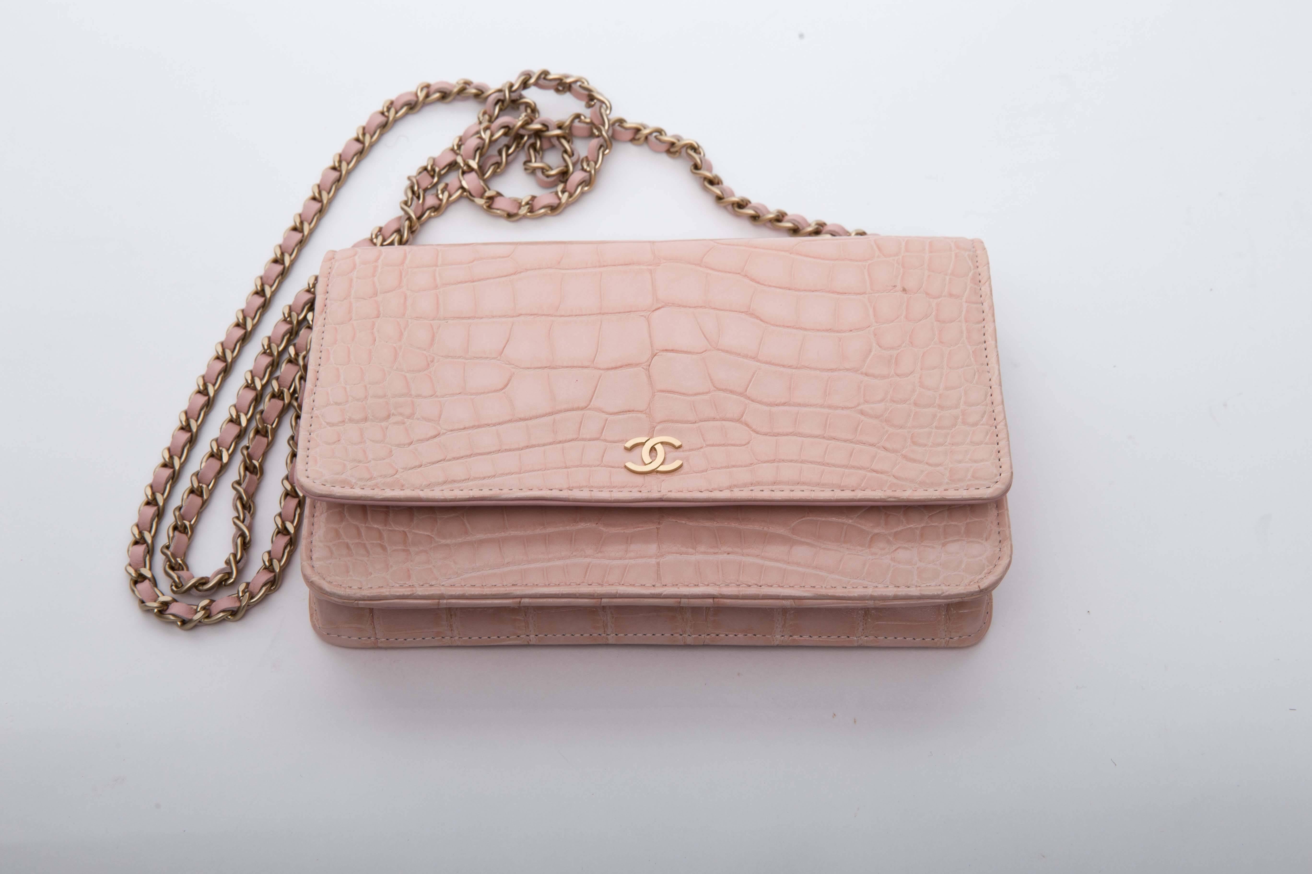 Beige Chanel Wallet on a Chain in Blush Pink Alligator