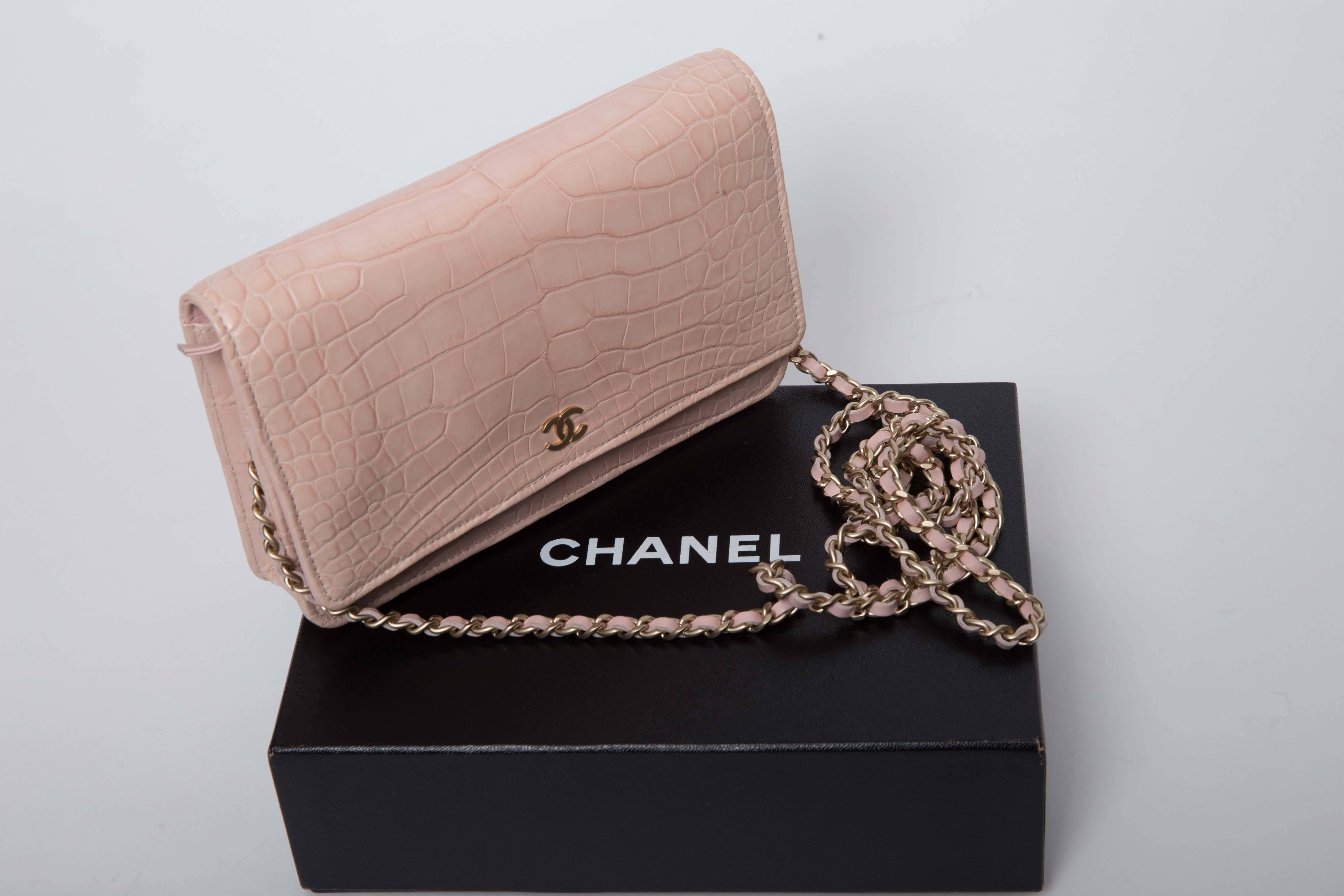 Women's Chanel Wallet on a Chain in Blush Pink Alligator